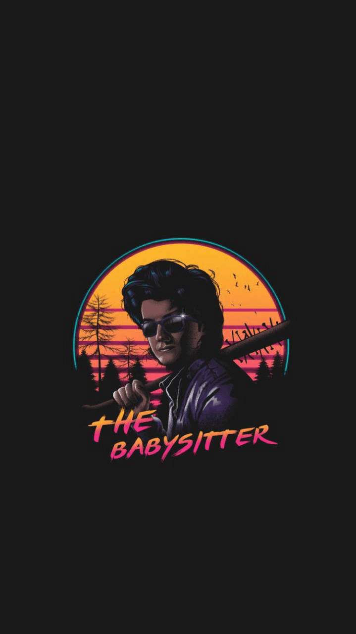 Netflix 桌布 壁紙 — 一個風格化的復古插圖，描繪一名戴太陽眼鏡的男子在充滿活力的日落和松樹背景下手持棒球棍。