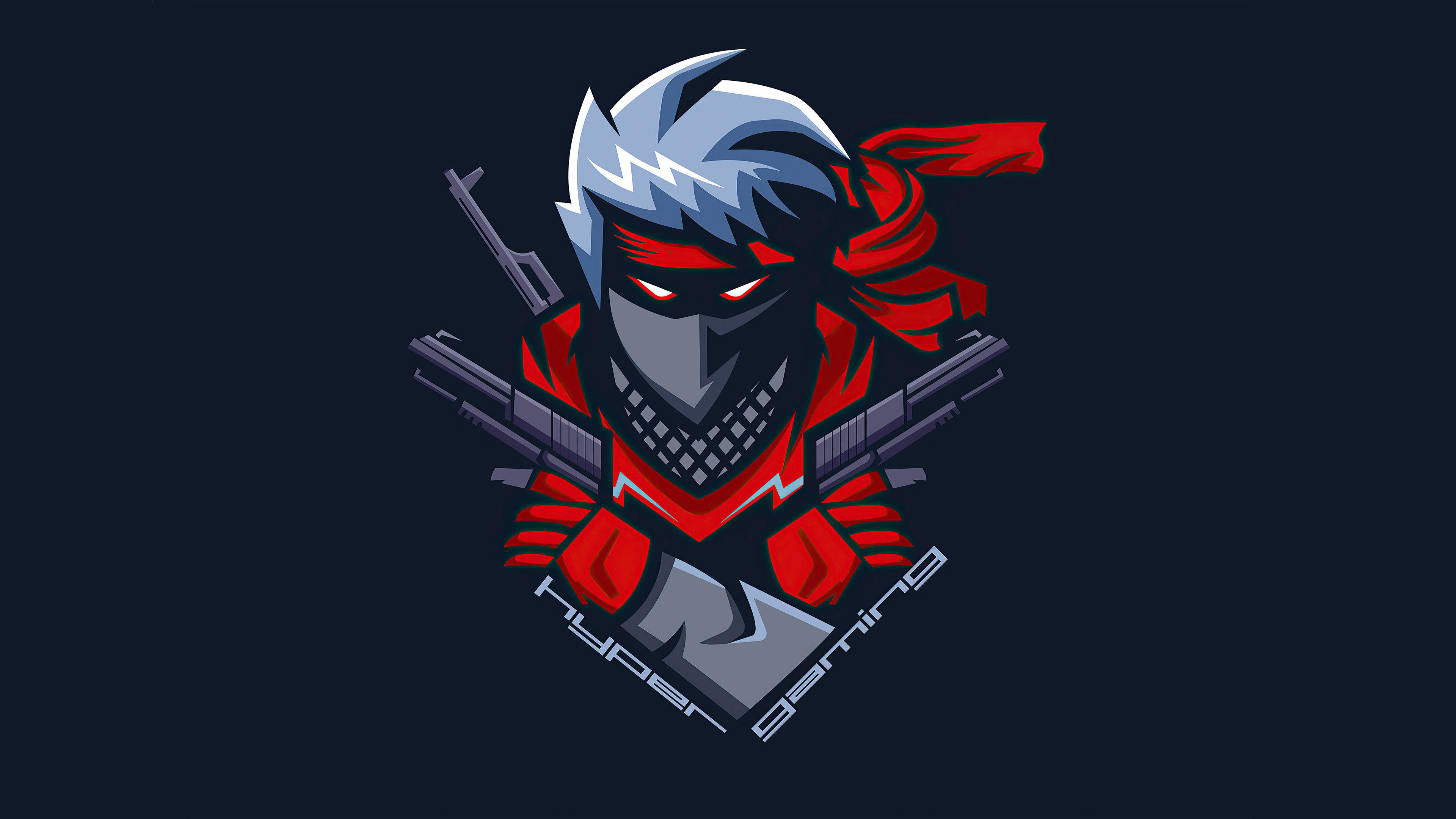 Gamer Logo 桌布 壁紙 — 一個風格化的忍者戰士，紅眼睛和紅色圍巾，在深藍色背景上手持交叉的槍支。
