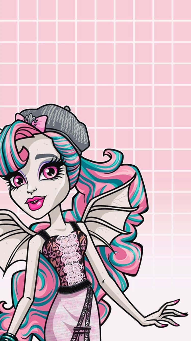 Monster High 桌布 壁紙 — 一個風格化的怪物女孩，擁有粉紅色和藍綠色頭髮和蝙蝠翅膀，在粉紅色網格背景前擺姿勢。