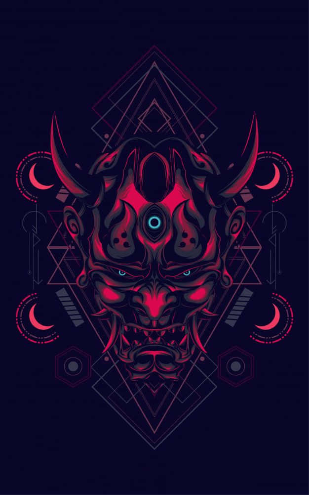 evil 桌布 壁紙 — 一個風格化的惡魔面孔，帶有發光的眼睛和角，由幾何圖案和彎月框住，背景為深色。