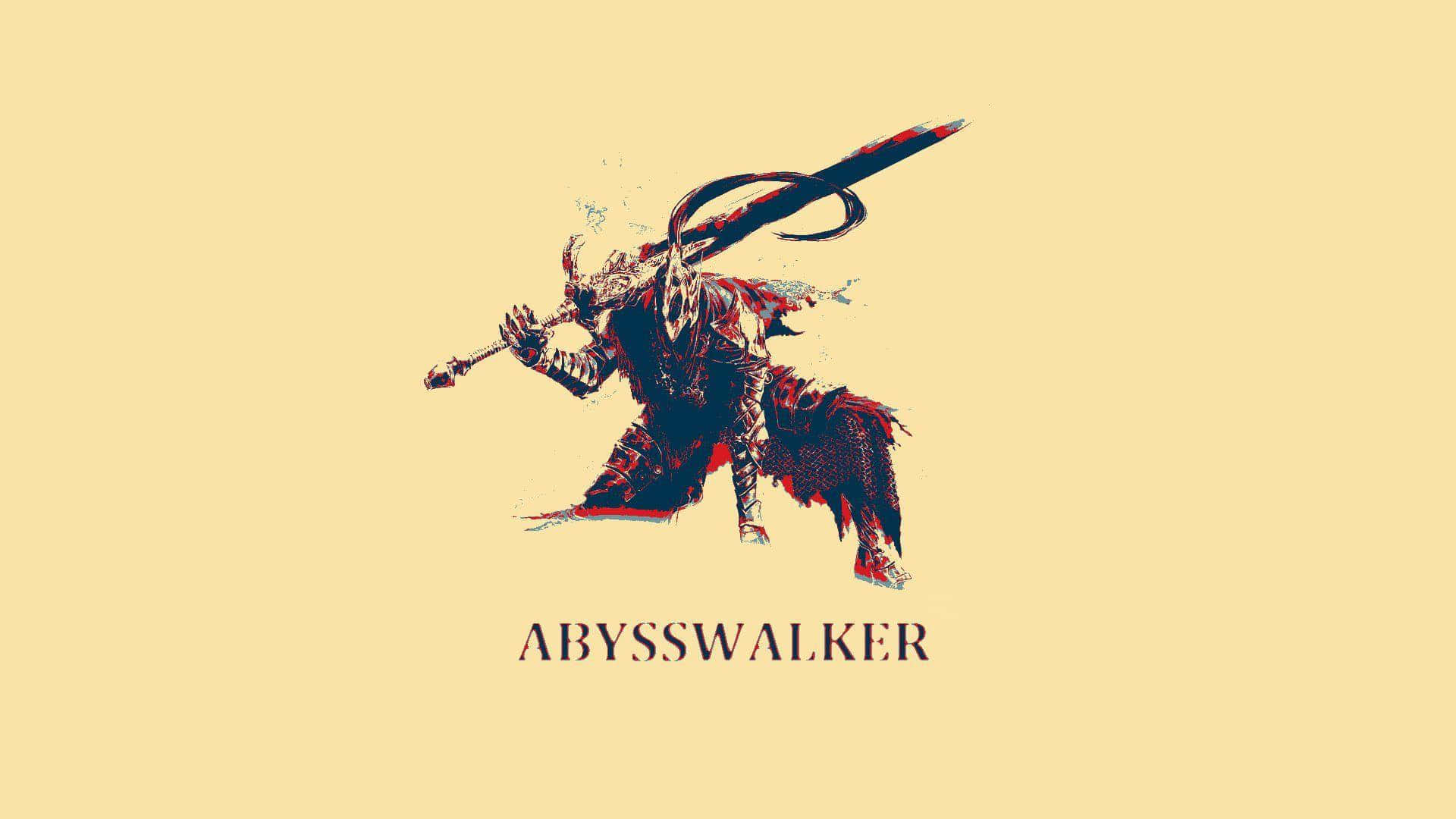 Dragon Slayer Ornstein 桌布 壁紙 — 一個風格化的戰士，手持長彎刀，在淡黃色背景上向前衝刺，下方有abysswalker字樣。