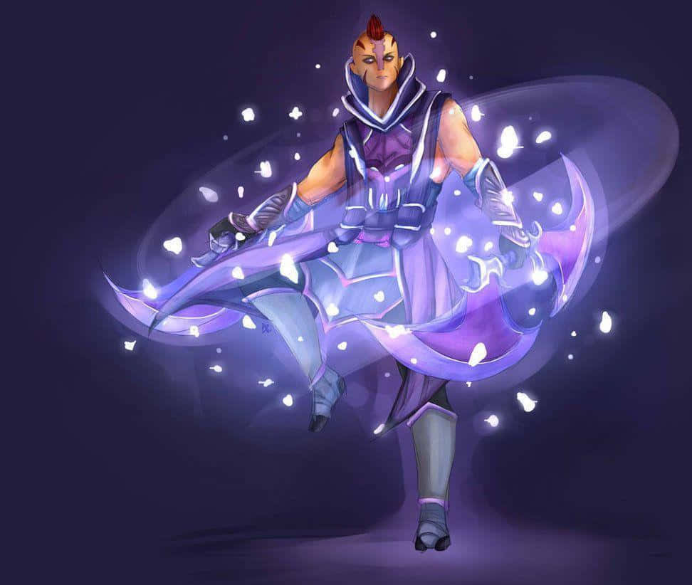 Anti-mage 桌布 壁紙 — 一個風格化的戰士，有著尖刺的紅髮，在黑暗背景中揮舞著發光的紫色刀刃，周圍漂浮著白色花瓣。