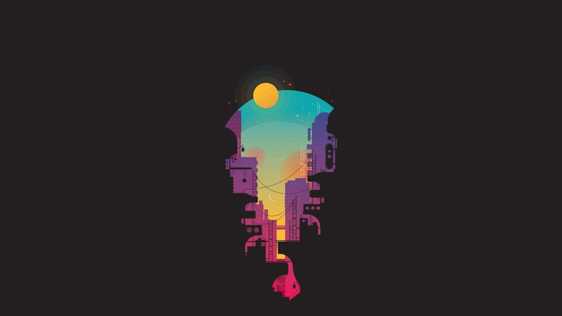 Minimalist Technology 桌布 壁紙 — 一個風格化的抽象城市景觀，在黑暗背景上，發光的太陽下有著充滿活力的漸變建築。
