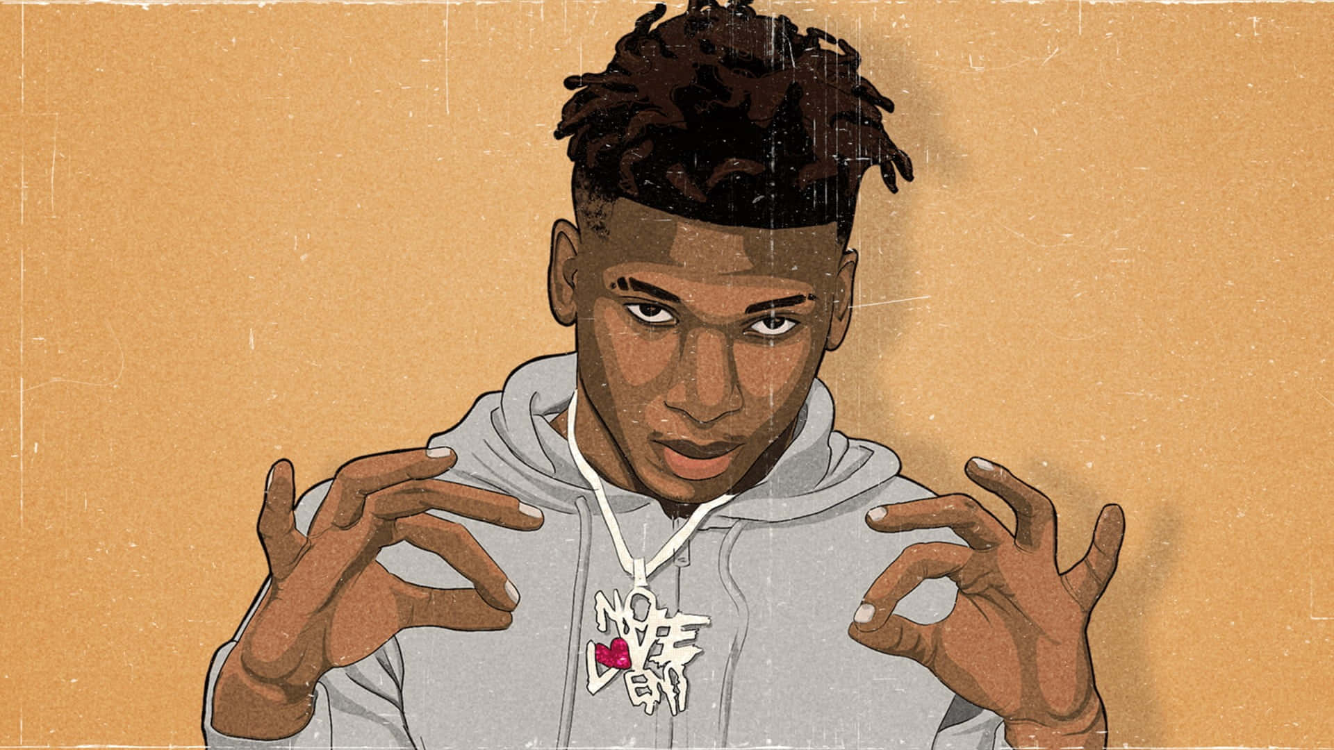 NLE Choppa 桌布 壁紙 — 一個風格化的插圖，描繪一位年輕男子留著辮子，穿著連帽衫，戴著心形吊墜項鍊，背景為有紋理的米色。