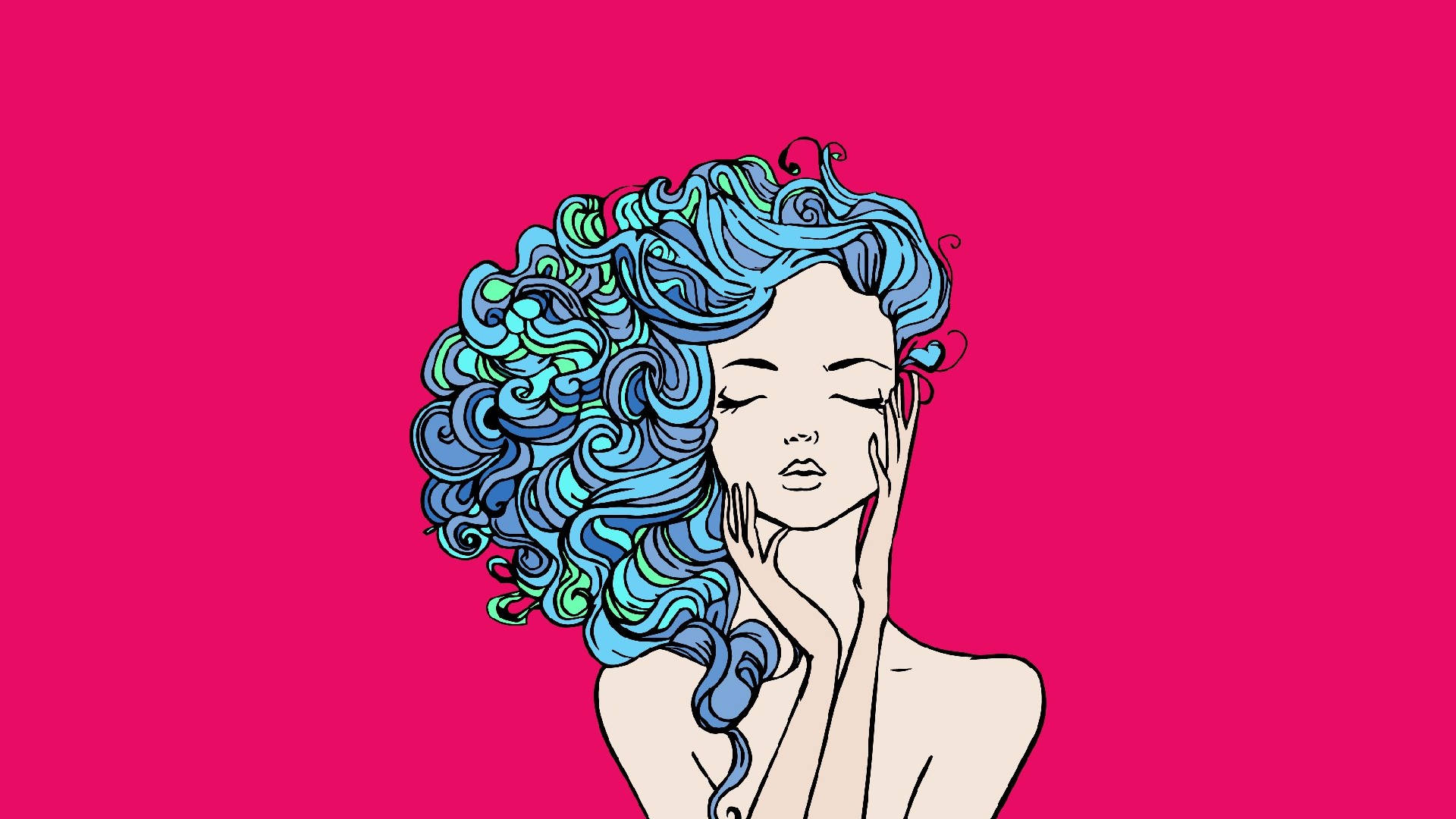 女孩 桌布 壁紙 — 一個風格化的插圖，描繪一位擁有鮮豔藍色和綠色捲髮的女性，背景是鮮明的粉紅色。