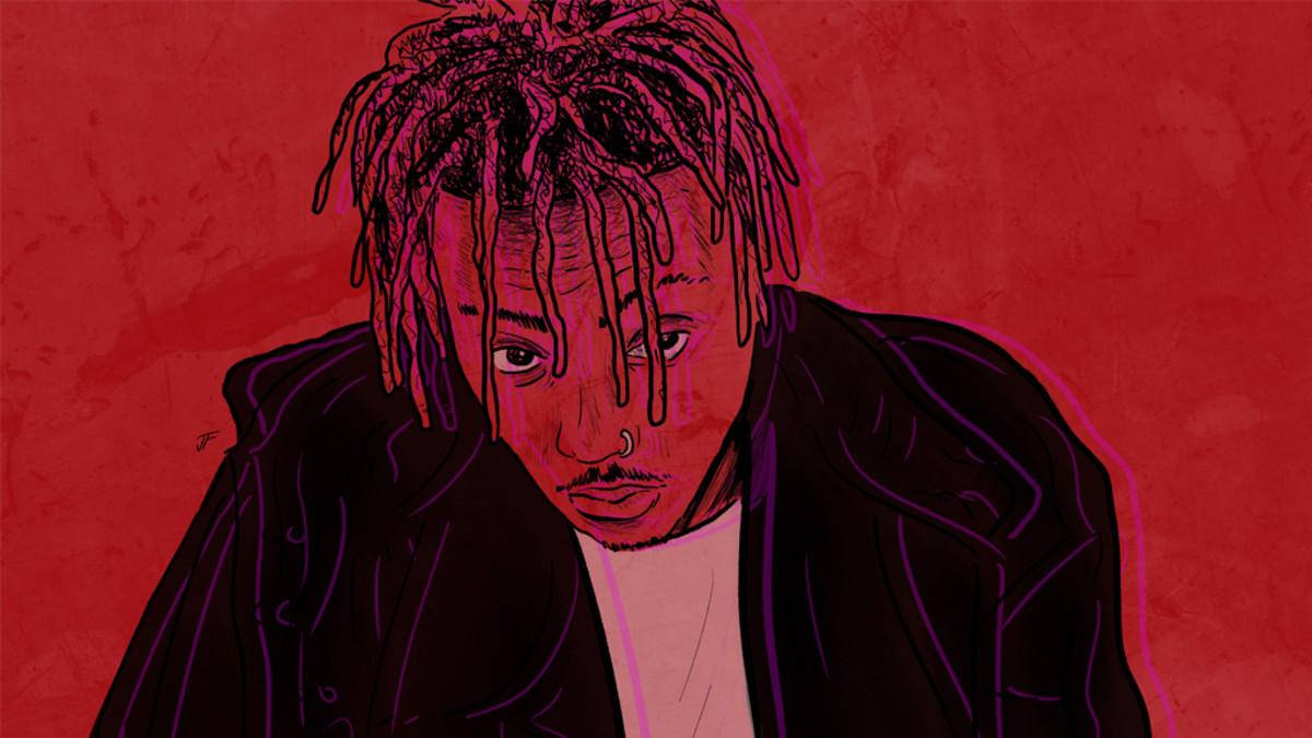 Juice WRLD 桌布 壁紙 — 一個風格化的插圖，描繪一位留著辮子、戴鼻環的男子，背景為有紋理的紅色。