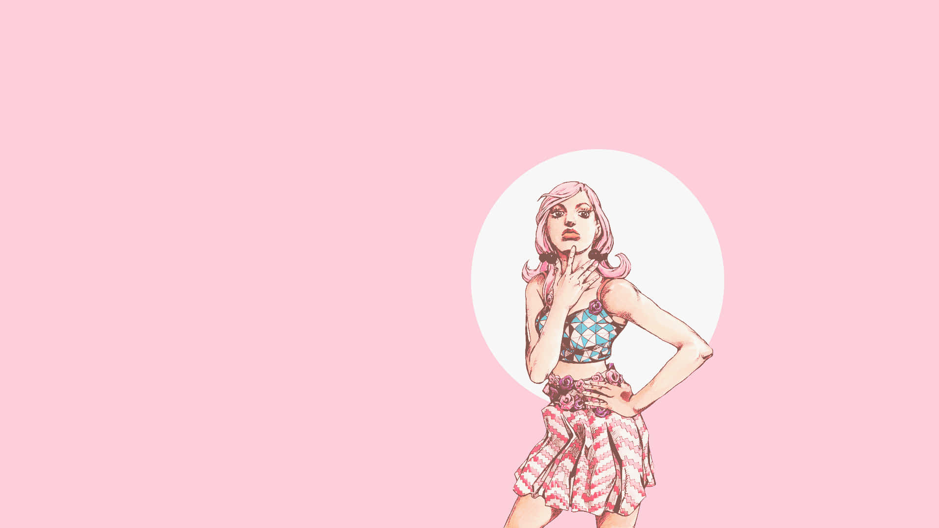 Jojolion 桌布 壁紙 — 一個風格化的插圖，描繪一位粉紅髮女性穿著圖案服裝，在柔和粉紅背景前自信地擺姿勢。