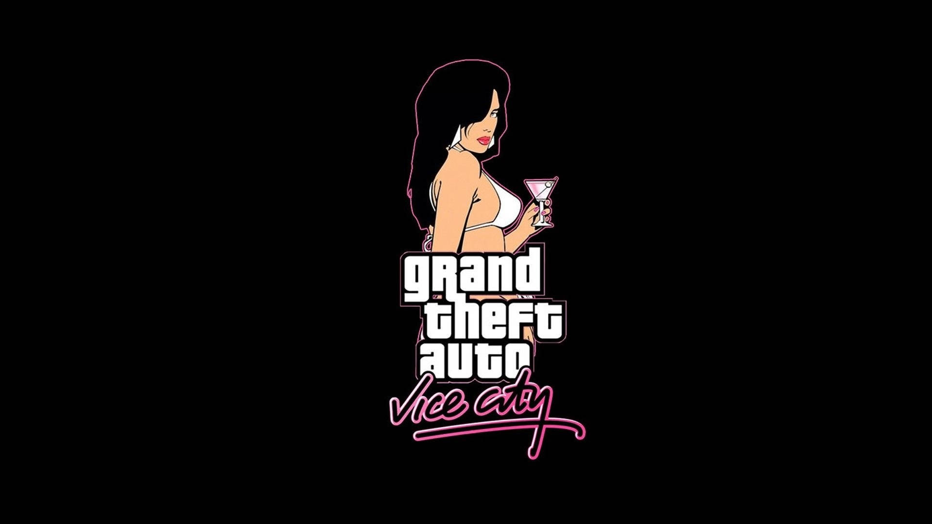 Grand Theft Auto Vice City 標誌，配以一位身穿比基尼、手持馬提尼酒杯的女性。 — PlayStation GIF 壁紙