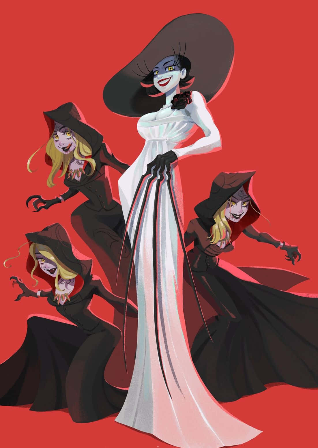 evil 桌布 壁紙 — 一個風格化的插圖，描繪一位身穿白色長袍、戴著寬邊帽的中心女巫，被三個較小的戴兜帽女巫圍繞，背景為大膽的紅色。