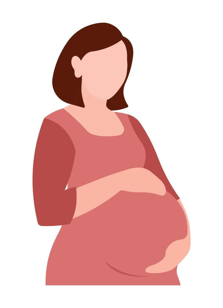 pregnancy 桌布 壁紙 — 一個風格化的插圖，描繪一位身穿粉紅色連衣裙的孕婦，在白色背景前輕輕地抱著她的肚子。