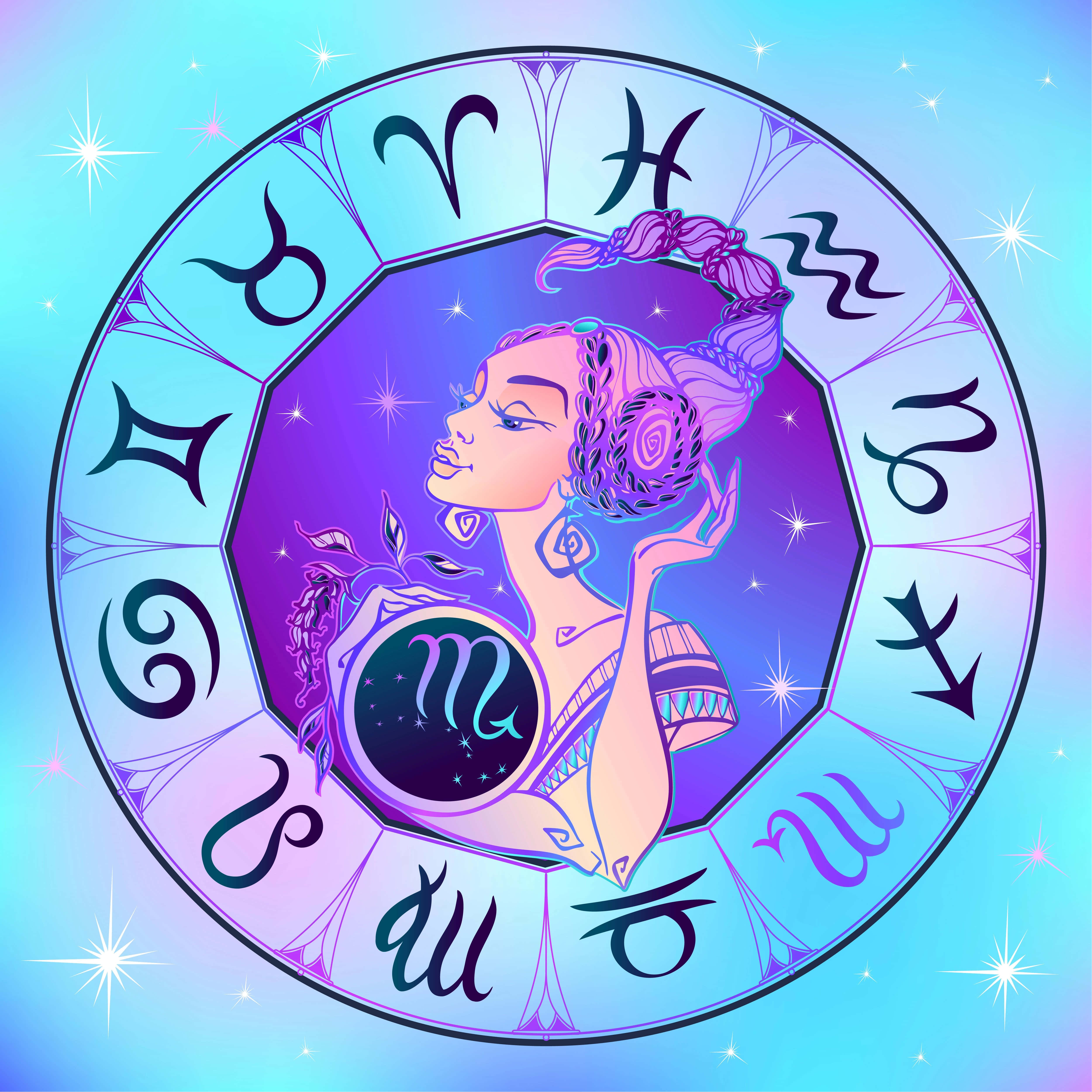 天蠍座 桌布 壁紙 — 一個風格化的插圖，描繪一位辮子女性手持被星座環繞的巨蟹符號，背景是星空漸變色。