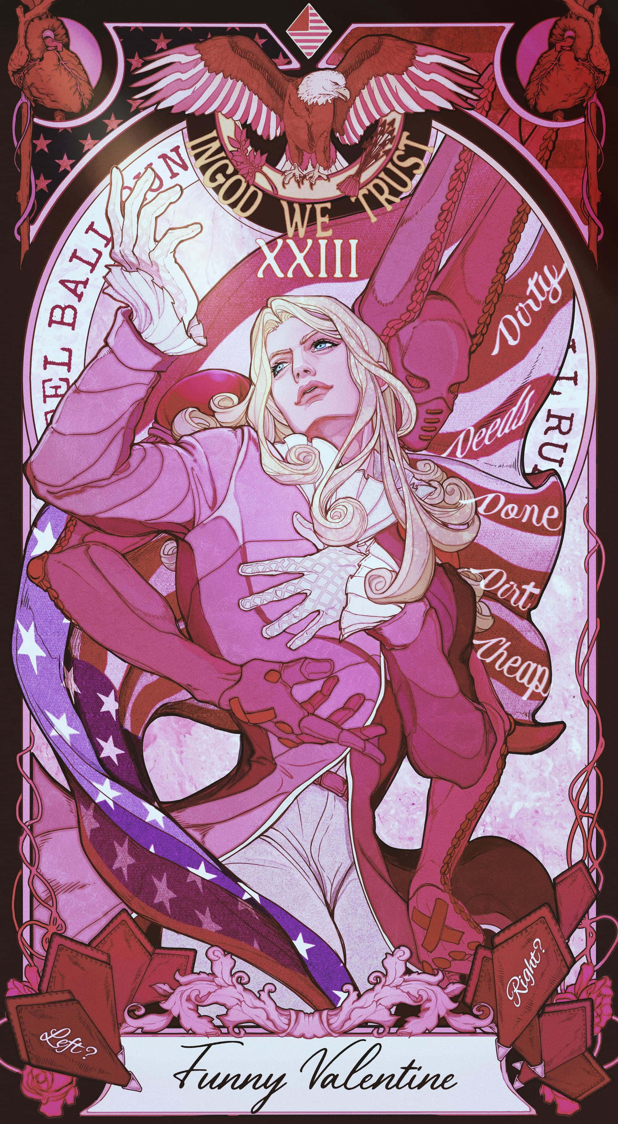 Jojo Steel Ball Run 桌布 壁紙 — 一個風格化的插圖，描繪一位金髮女性穿著粉紅色西裝，周圍環繞著愛國象徵和文字，呈現復古海報風格。