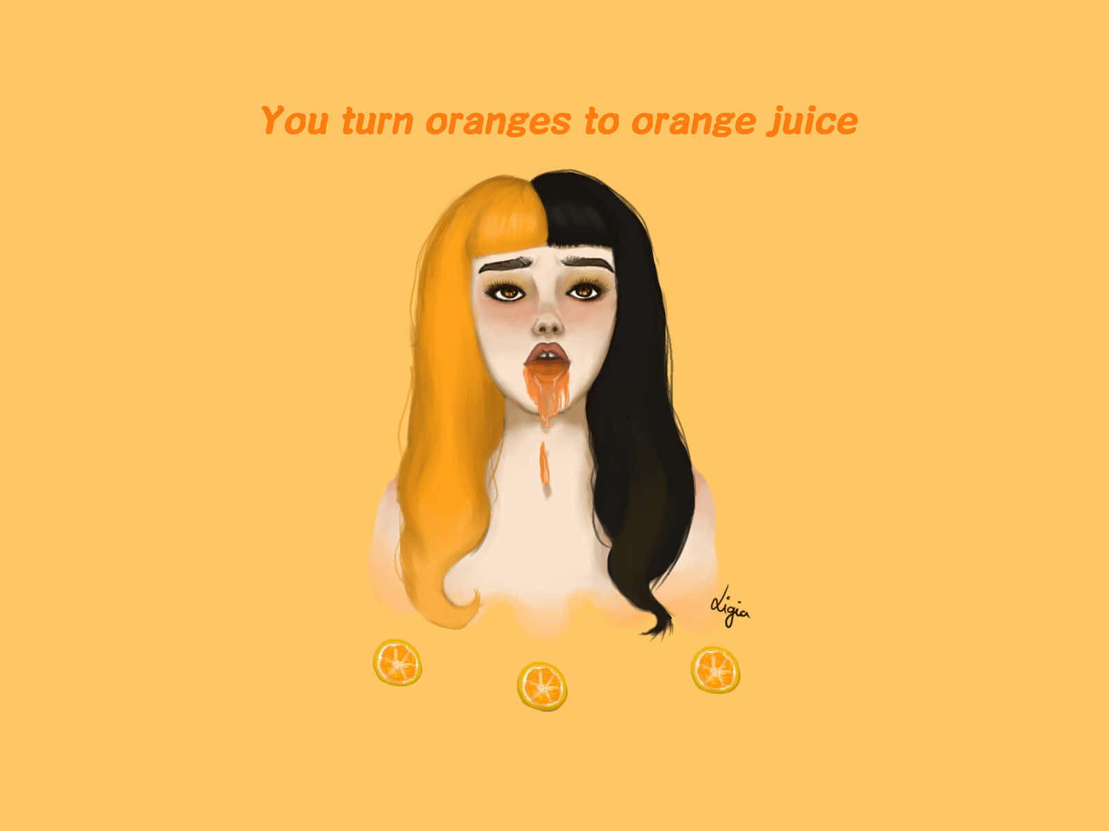 Melanie Martinez 桌布 壁紙 — 一個風格化的插圖，描繪一位頭髮半橙半黑的女性，橙汁從她嘴邊滴落，下方有切片橙子，背景為純橙色。