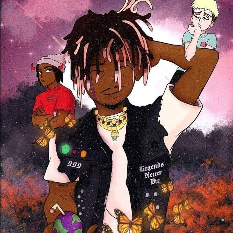 Juice Wrld Anime 桌布 壁紙 — 一個風格化的插圖，描繪一個中央人物帶有辮子頭和蝴蝶，背景是宇宙般的紫色和橙色天空，附近有兩個較小的角色。