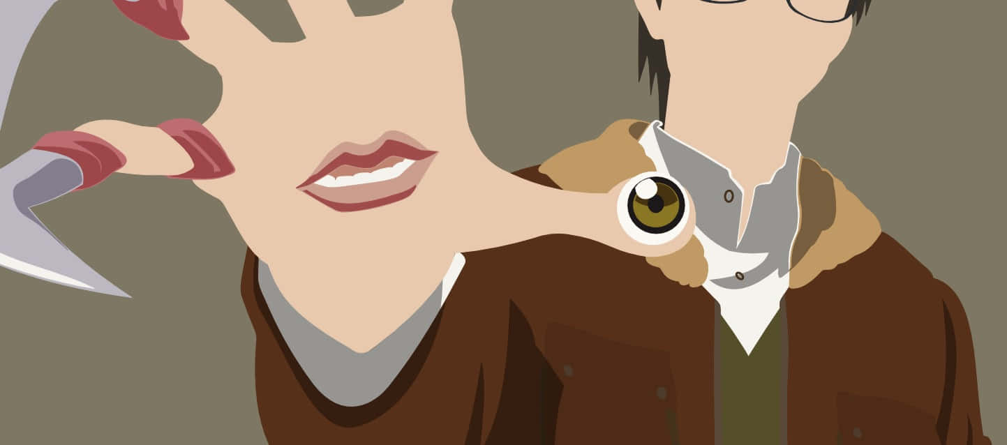 寄生獸 桌布 壁紙 — 一個風格化的插圖，描繪一個人拿著刀，而另一個人的眼睛從他們的衣領中窺視。