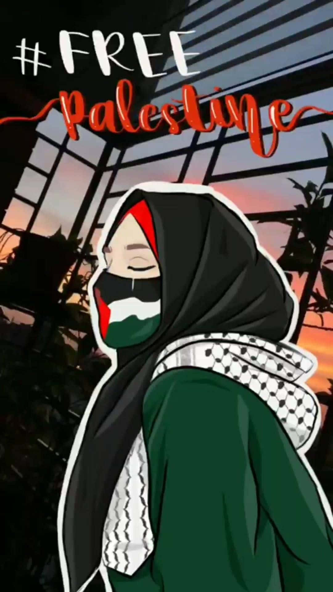 Palestine 桌布 壁紙 — 一個風格化的插圖，描繪一個戴著巴勒斯坦國旗顏色的頭巾和口罩的人，背景是日落溫室。