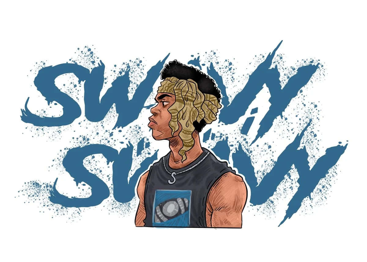 Swavy 桌布 壁紙 — 一個風格化的插圖，描繪一個肌肉發達、捲髮的男子穿著背心，背景是鮮明的藍色塗鴉風格「SWIM」。