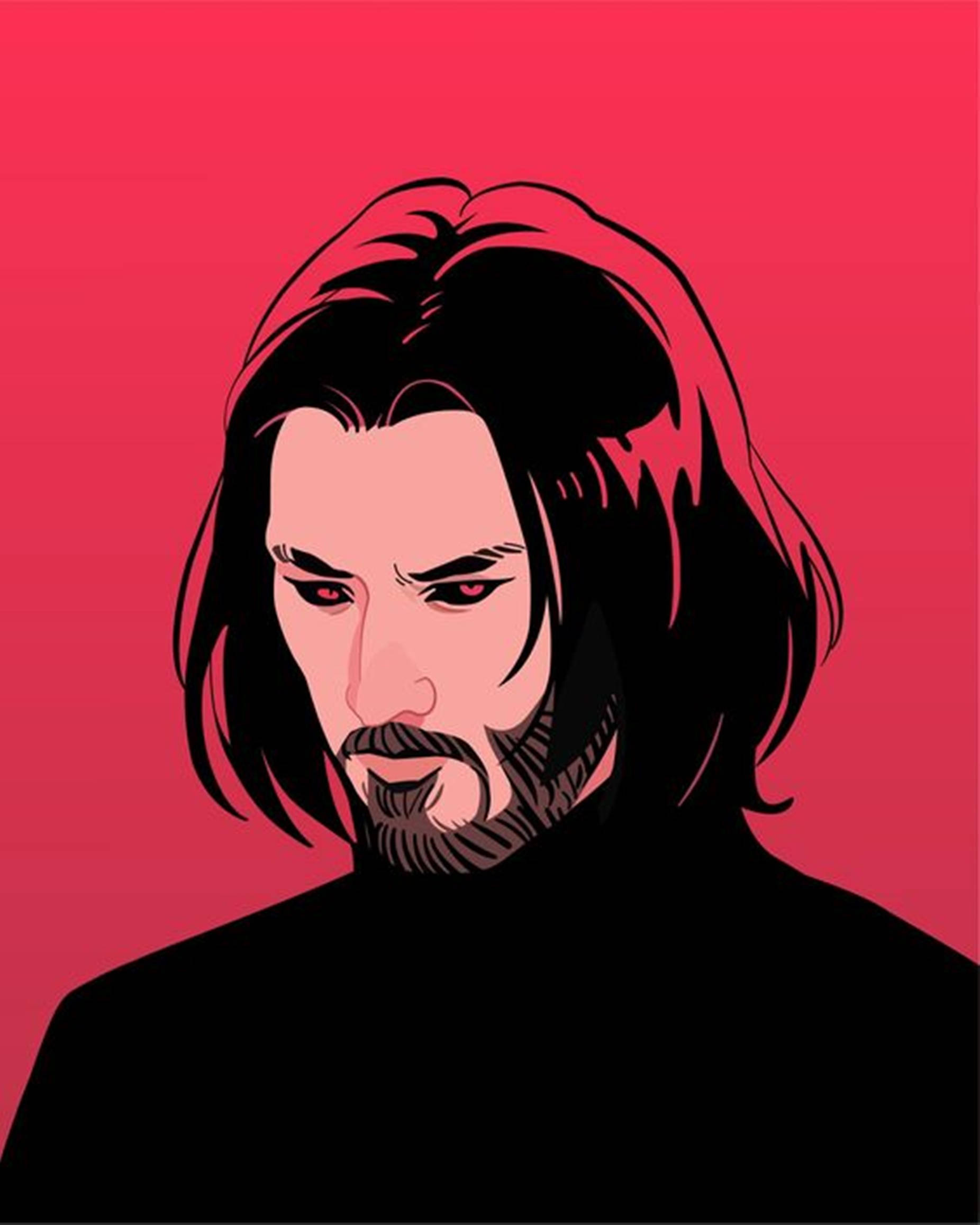 極簡美學 桌布 壁紙 — 一個風格化的插圖，描繪一個長黑髮紅眼的男人，背景是鮮紅色。