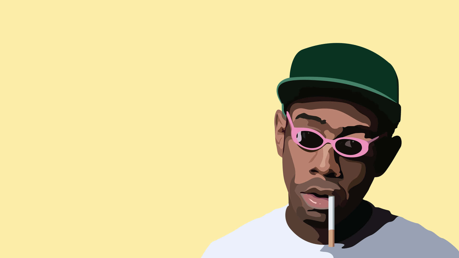 tyler the creator 桌布 壁紙 — 一個風格化的插圖，描繪一名戴著綠色帽子和粉紅色太陽眼鏡的男子，在淡黃色背景上拿著一支香煙。