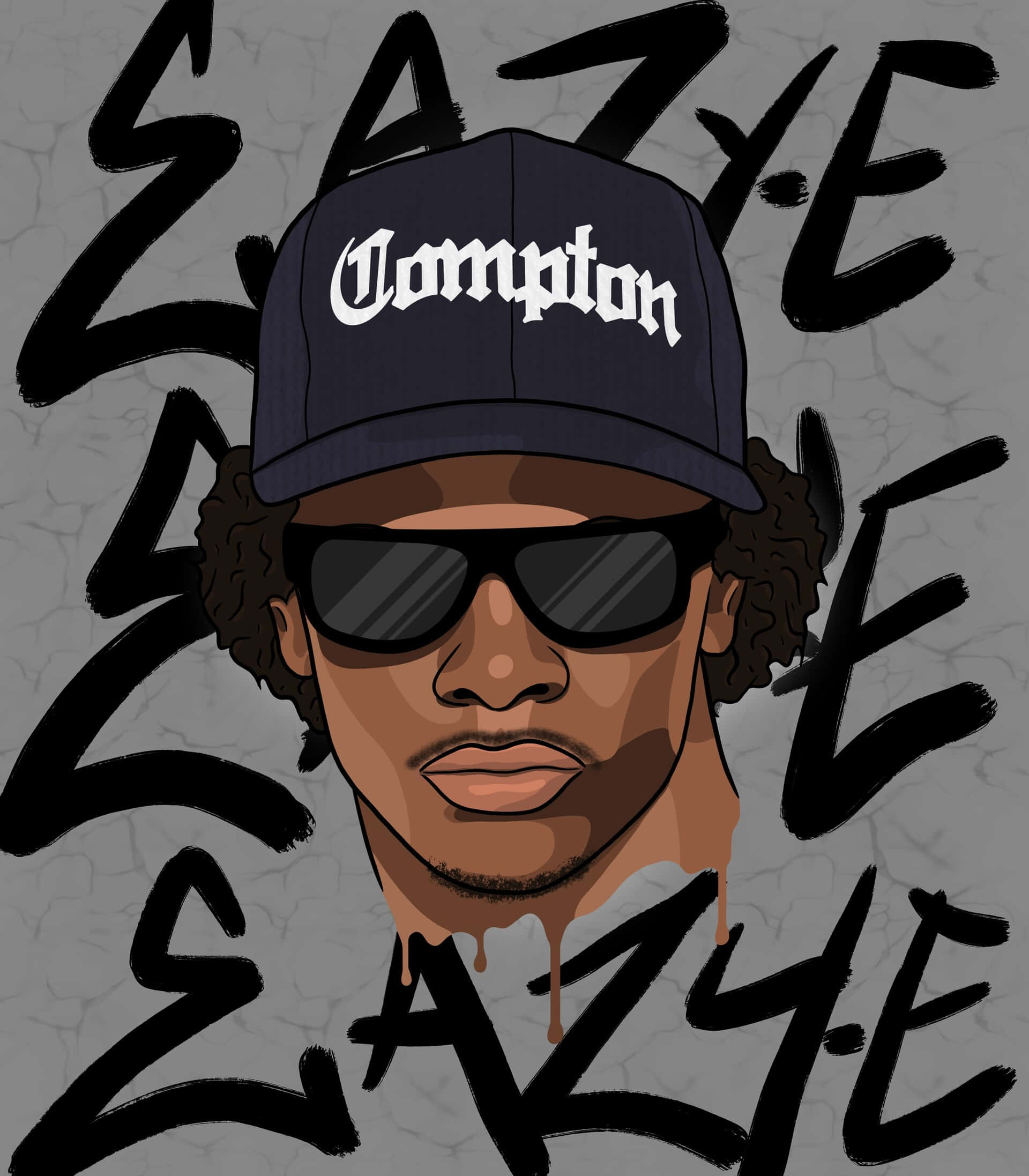 Eazy E 桌布 壁紙 — 一個風格化的插圖，描繪一名捲髮男子戴著Compton帽和太陽眼鏡，周圍有塗鴉文字。