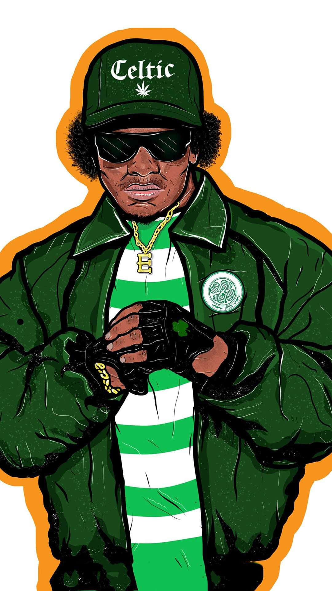 Eazy E 桌布 壁紙 — 一個風格化的插圖，描繪一名男子穿著綠色凱爾特帽、夾克和圍巾，手持帶有橙色輪廓的手套。