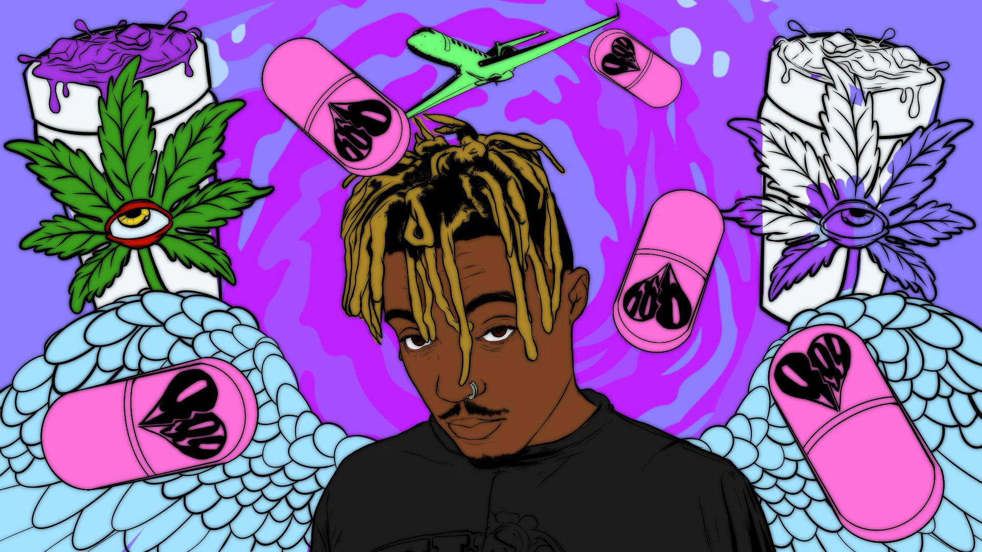 Juice WRLD 桌布 壁紙 — 一個風格化的插圖，描繪一名留著辮子頭的男人，被粉紅色藥丸、大麻和翅膀環繞，背景是充滿活力的紫色。