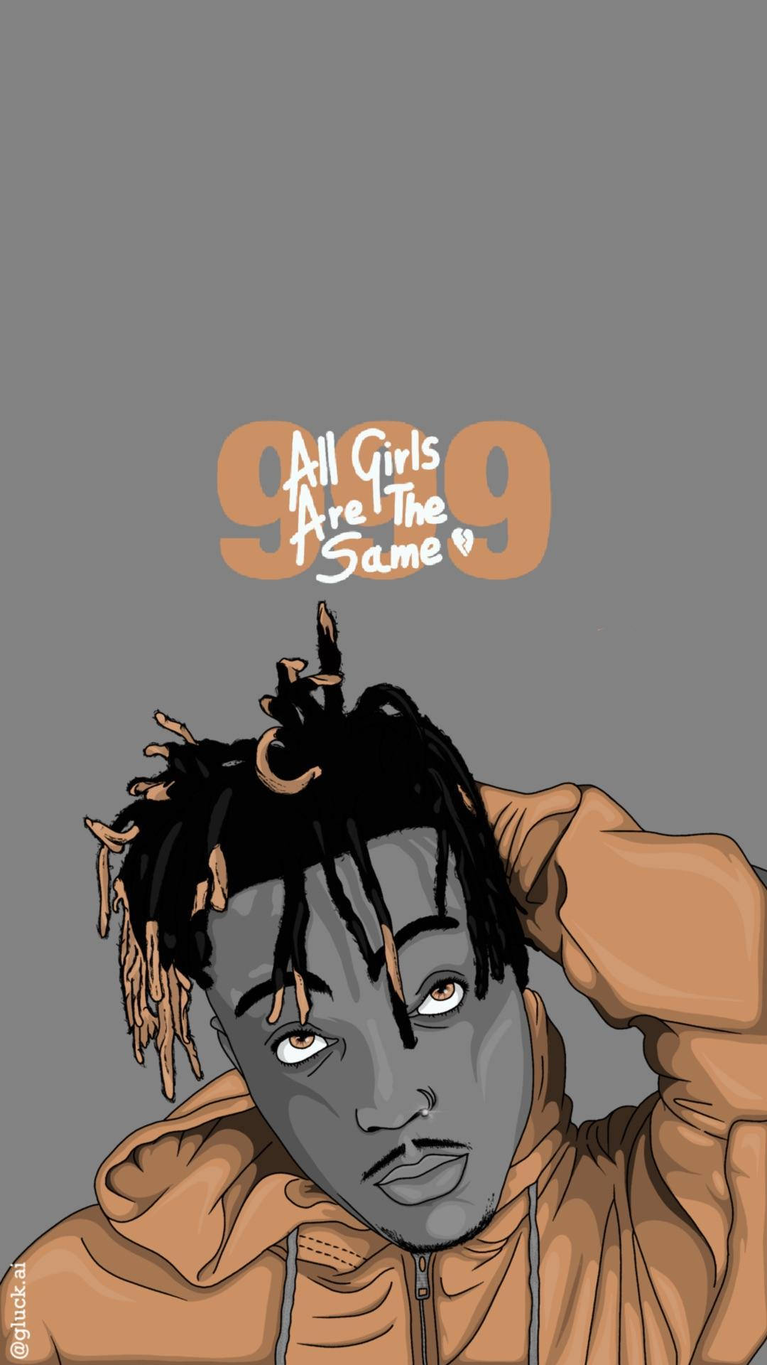 Juice WRLD 桌布 壁紙 — 一個風格化的插圖，描繪一名留著辮子的男子穿著棕色連帽衫，背景為灰色，並帶有文字「999 All Girls Are The Same」。