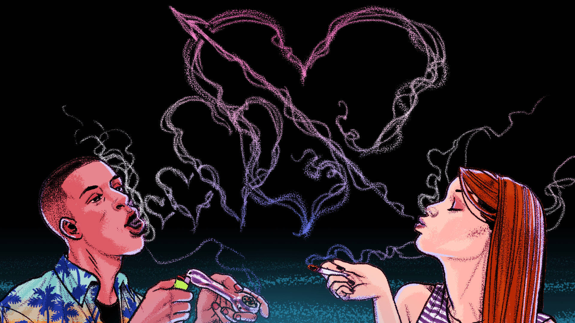 「High Times」 壁紙 — 一個風格化的插圖，描繪一男一女呼出煙霧，形成一個破碎的心形，背景為深色。