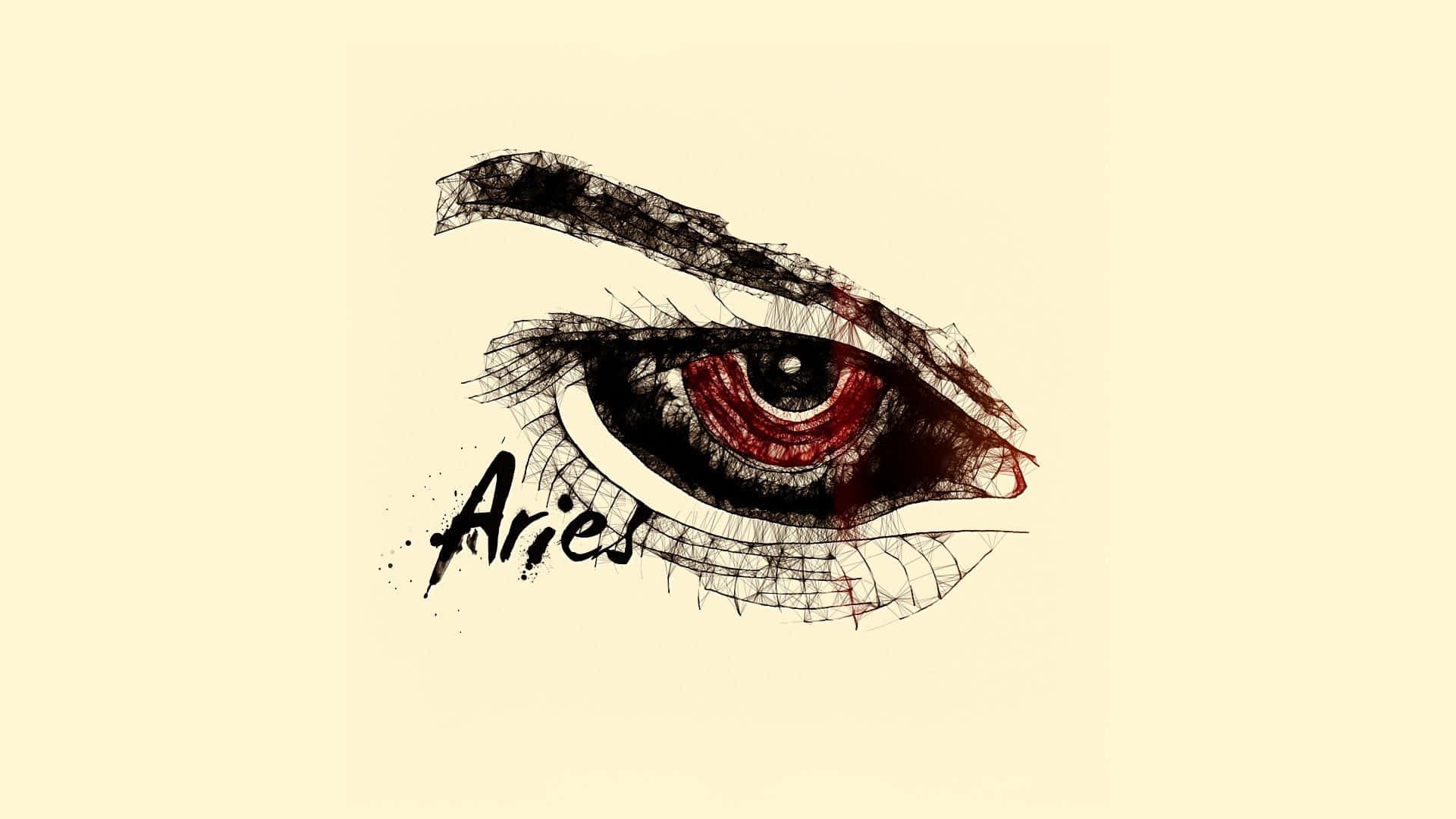 aries 桌布 壁紙 — 一個風格化的插圖，描繪一隻帶有紅色虹膜和黑色墨水細節的兇猛眼睛，標有「白羊座」，背景為奶油色。