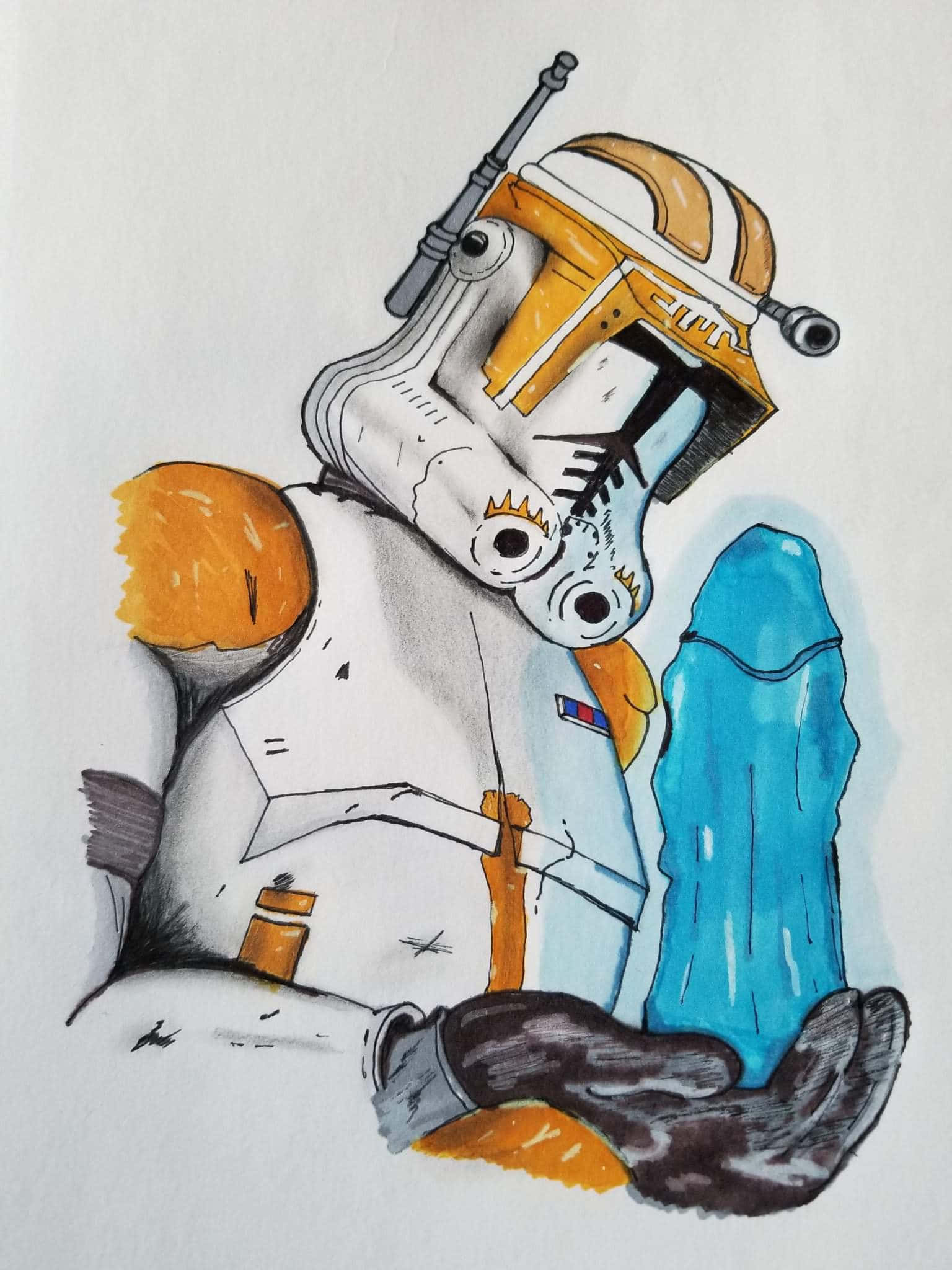 The Order 66 桌布 壁紙 — 一個風格化的插圖，描繪了一個破碎的克隆人突擊兵頭盔，旁邊有一顆藍色水晶和橙色球體。
