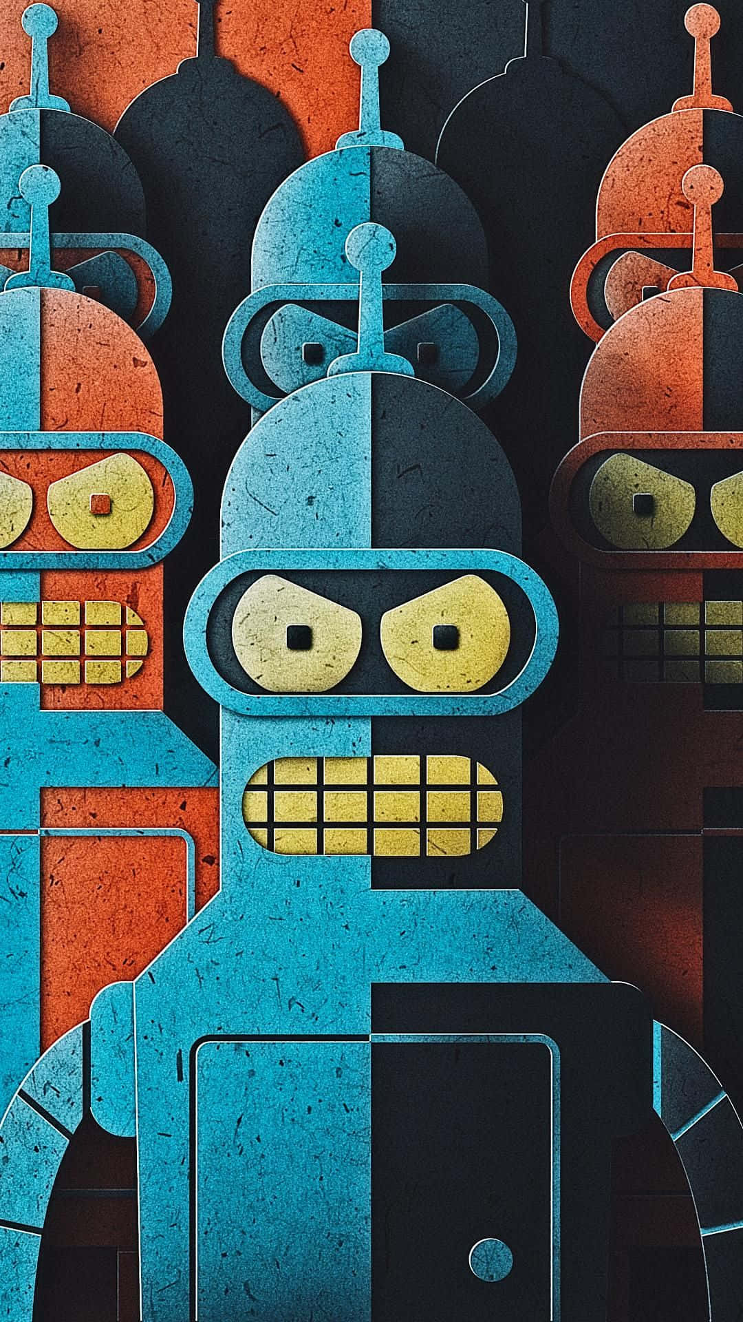 乃出未來 桌布 壁紙 — 一個風格化的插圖，描繪了一個藍色和橙色的機械人，擁有黃色眼睛和網格狀嘴巴，周圍環繞著類似的機械人形象。