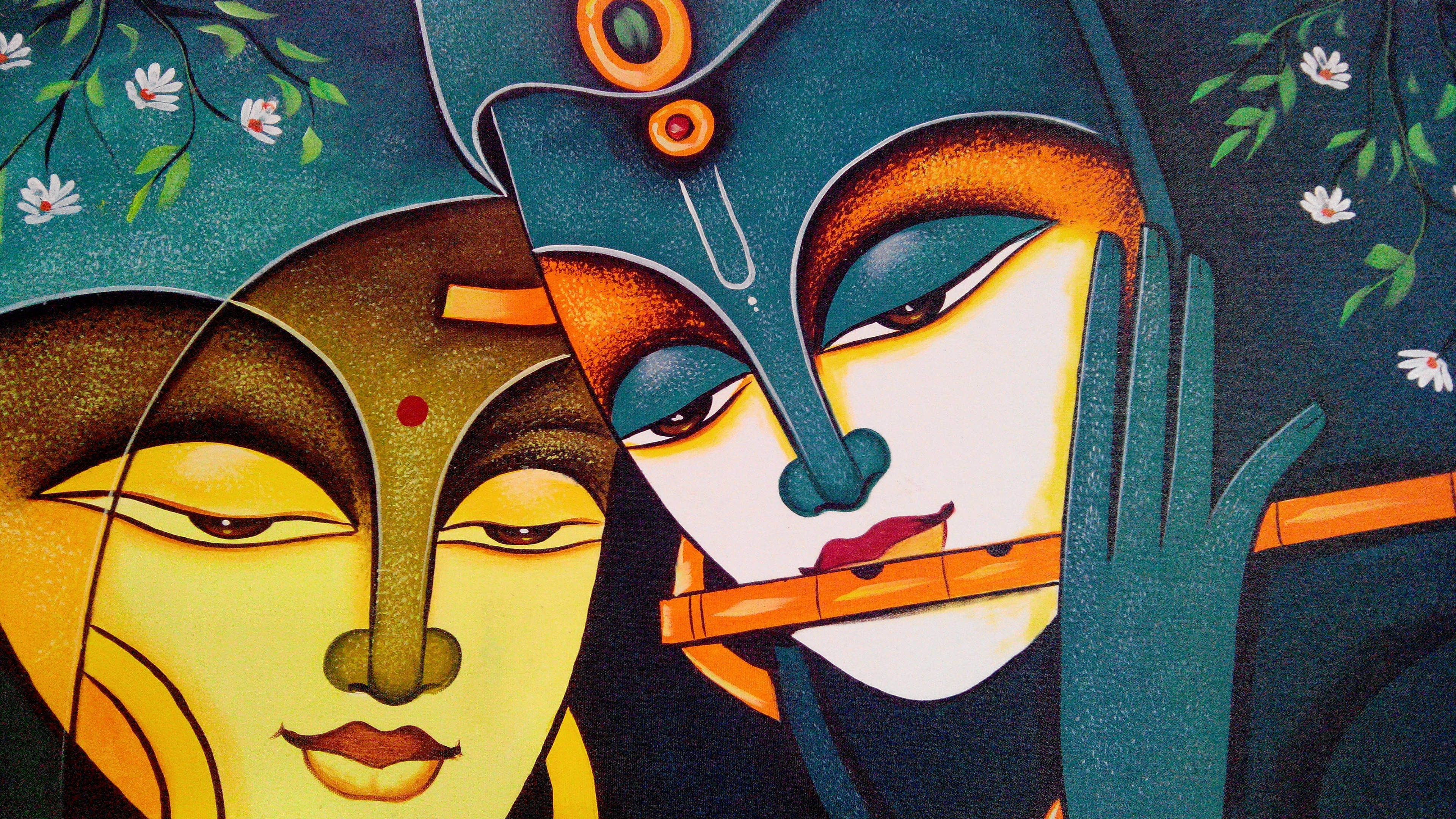 krishna ji 桌布 壁紙 — 一個風格化的插圖，描繪了兩個寧靜的臉孔，其中一個在深藍綠色天空下的花枝間吹奏長笛。