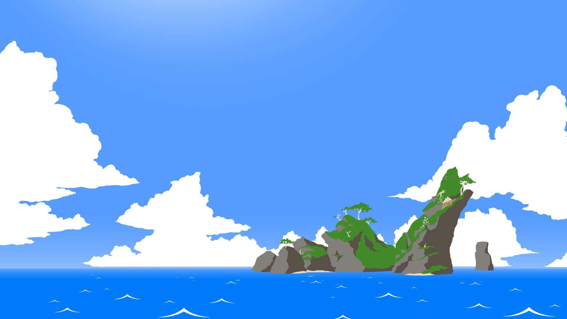 The Legend Of Zelda The Wind Waker 桌布 壁紙 — 一個風格化的插圖，描繪了岩石島嶼上長滿綠樹，從藍色海洋中升起，上方是明亮的藍天和蓬鬆的白雲。