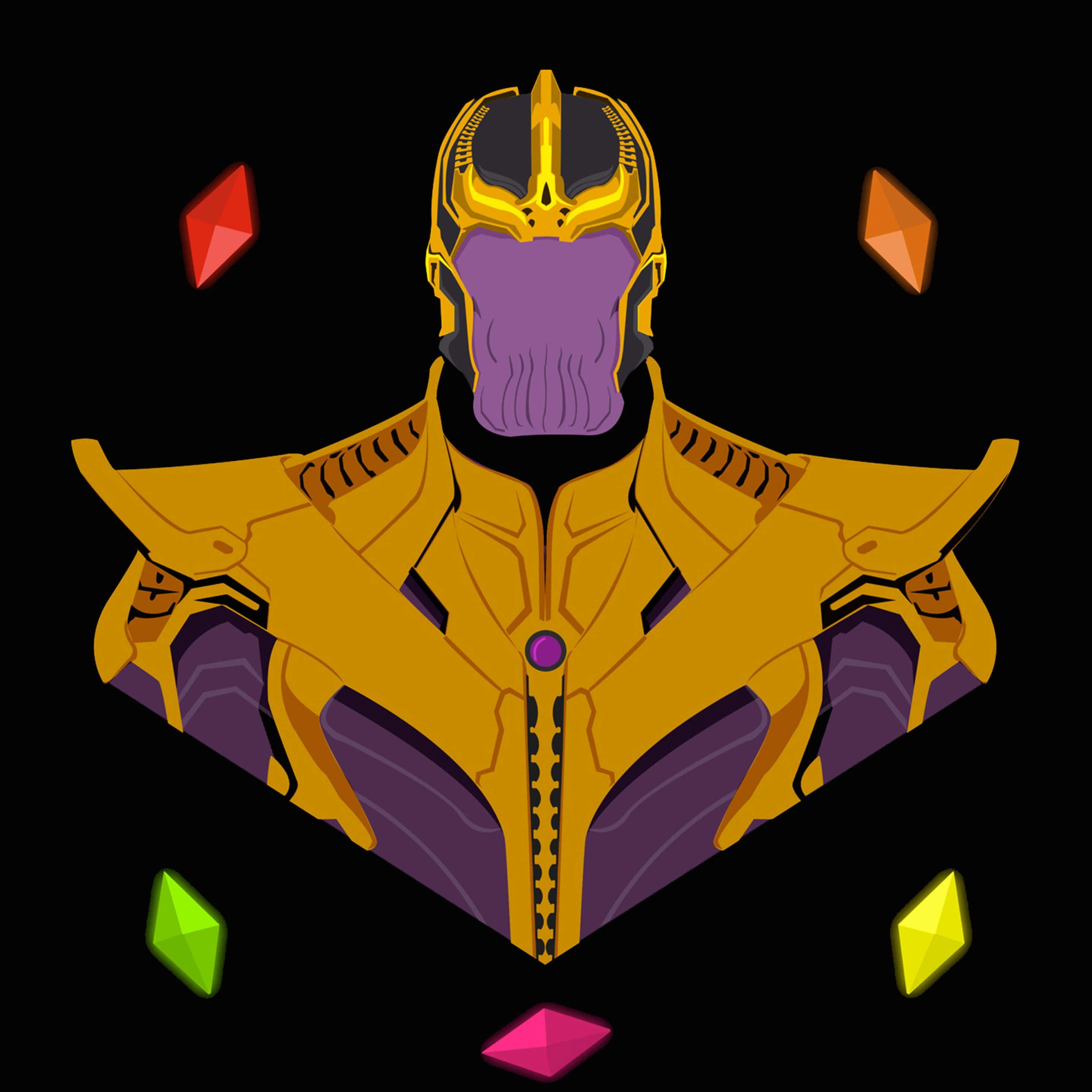 Mind Stone 桌布 壁紙 — 一個風格化的插圖，描繪了薩諾斯身穿金色盔甲、紫色皮膚，被漂浮的彩色寶石環繞在黑色背景上。