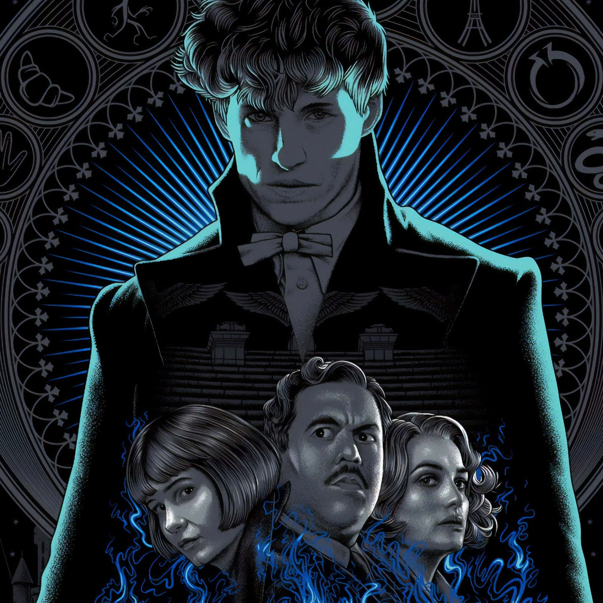 Fantastic Beasts 桌布 壁紙 — 一個風格化的插圖，描繪四個角色，帶有發光的藍色點綴，背景為圓形圖案。