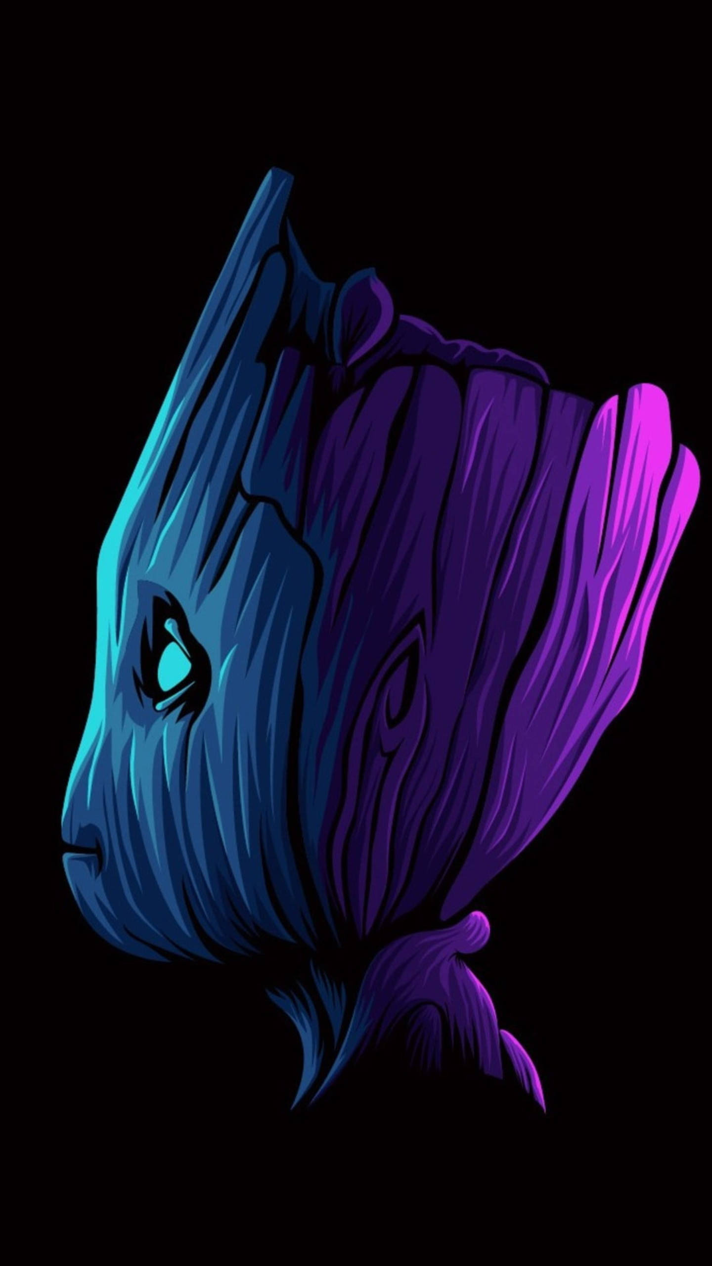 Baby Groot 2K AMOLED 壁紙 — 一個風格化的插圖，描繪格魯特的頭部在黑色背景上散發出鮮豔的藍色和紫色光芒。