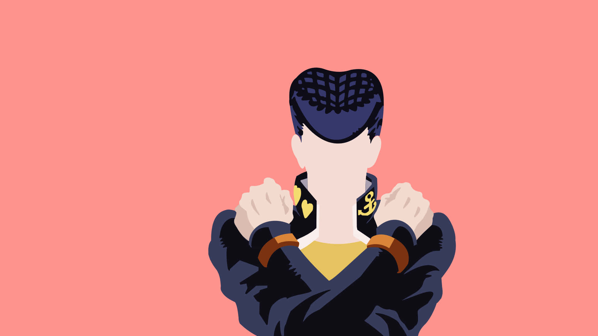 Josuke Higashikata 桌布 壁紙 — 一個風格化的插圖人物，戴著格仔帽和穿著格仔外套，在純珊瑚色背景前拉開衣領。