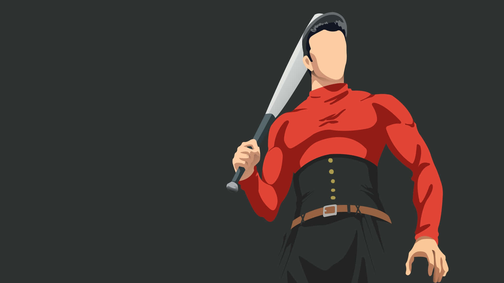 One Punch Man Minimalist 桌布 壁紙 — 一個風格化的插圖棒球運動員，身穿紅黑制服，在深灰色背景前將球棒扛在肩上。