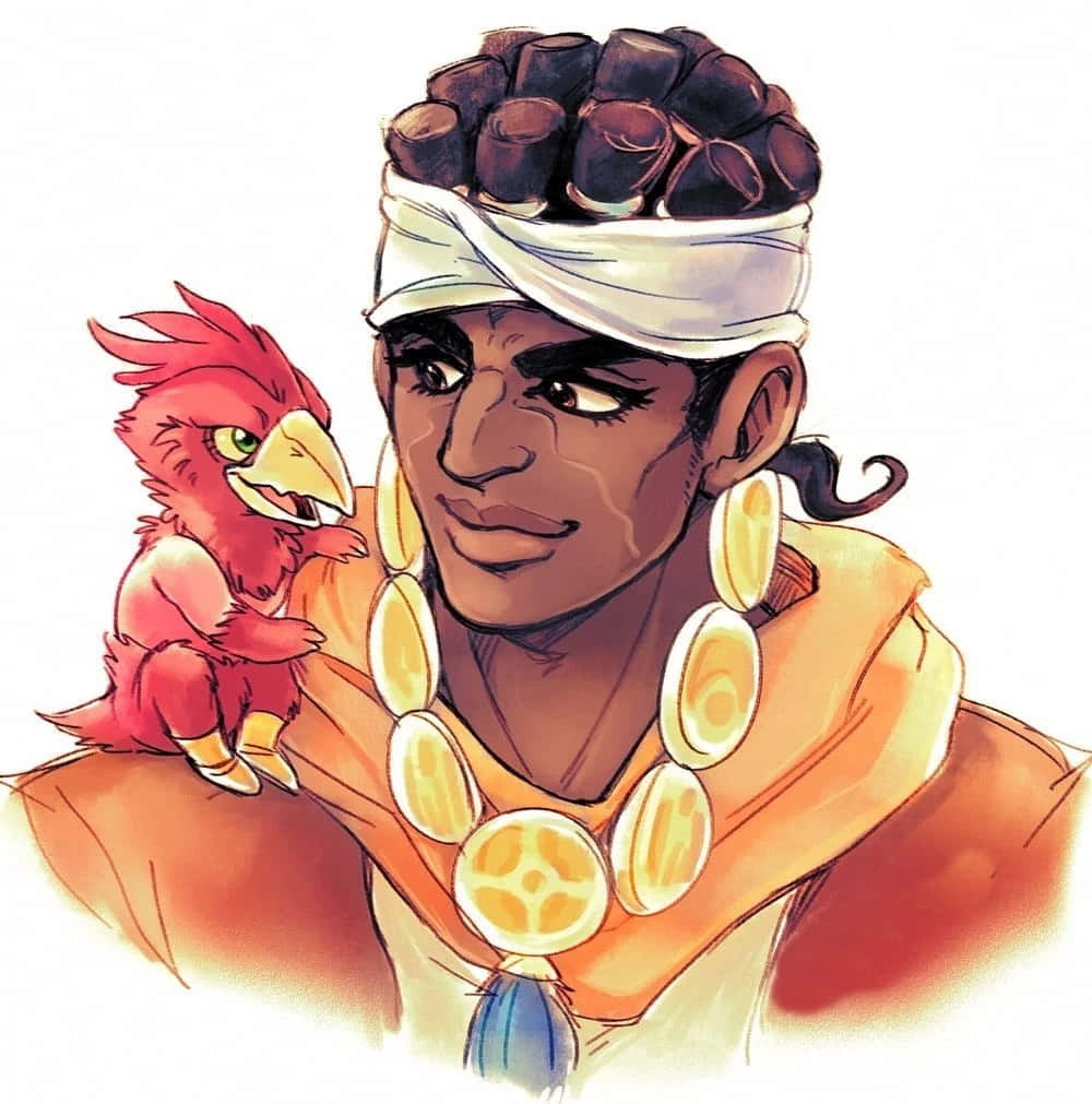 Muhammad Avdol 桌布 壁紙 — 一個風格化的插圖男子，編著辮子，肩上棲息著一隻紅鳥，在純白背景前佩戴華麗的金飾。