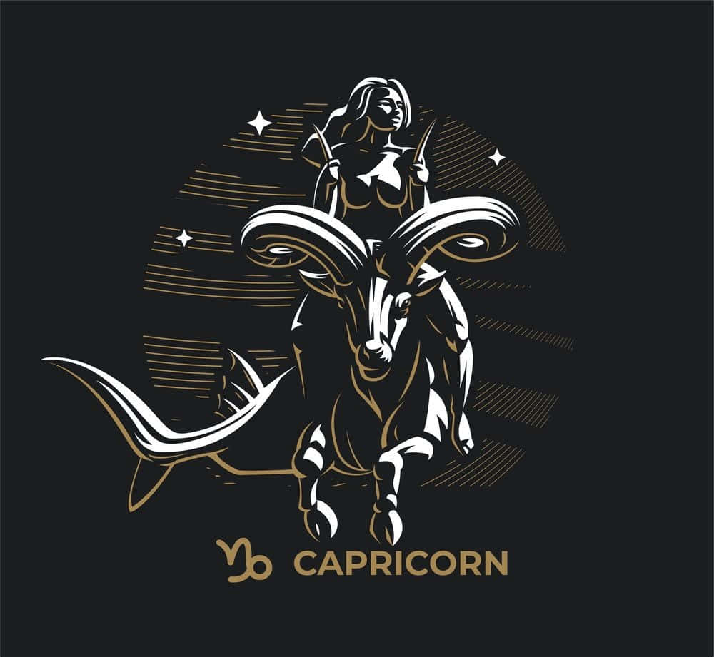 山羊座 桌布 壁紙 — 一個風格化的摩羯座星座符號，包含一個山羊頭的人物和一位女性在其上，以金色和白色呈現在帶有星星的深色背景上。