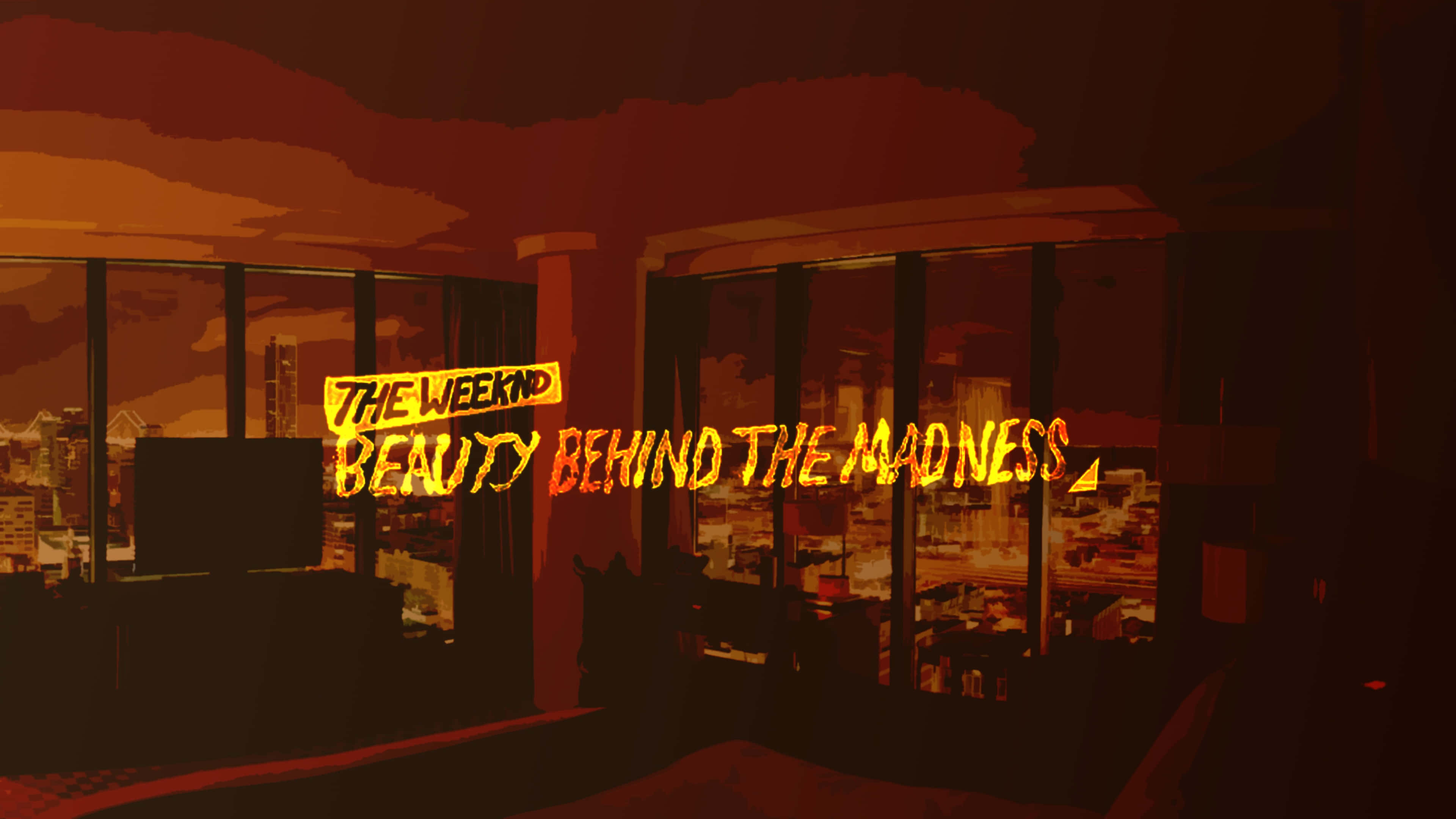 The Weeknd 桌布 壁紙 — 一個風格化的數位藝術房間，透過窗戶可以看到城市景觀，上面有發光的橙色文字寫著「THE WEEKND BEAUTY BEHIND THE MADNESS」。