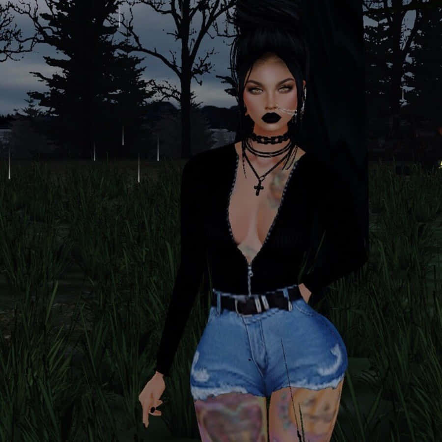 imvu 桌布 壁紙 — 一個風格化的數碼化身，塗著黑色唇膏和紋身，在黃昏時分站在昏暗的高草叢中。