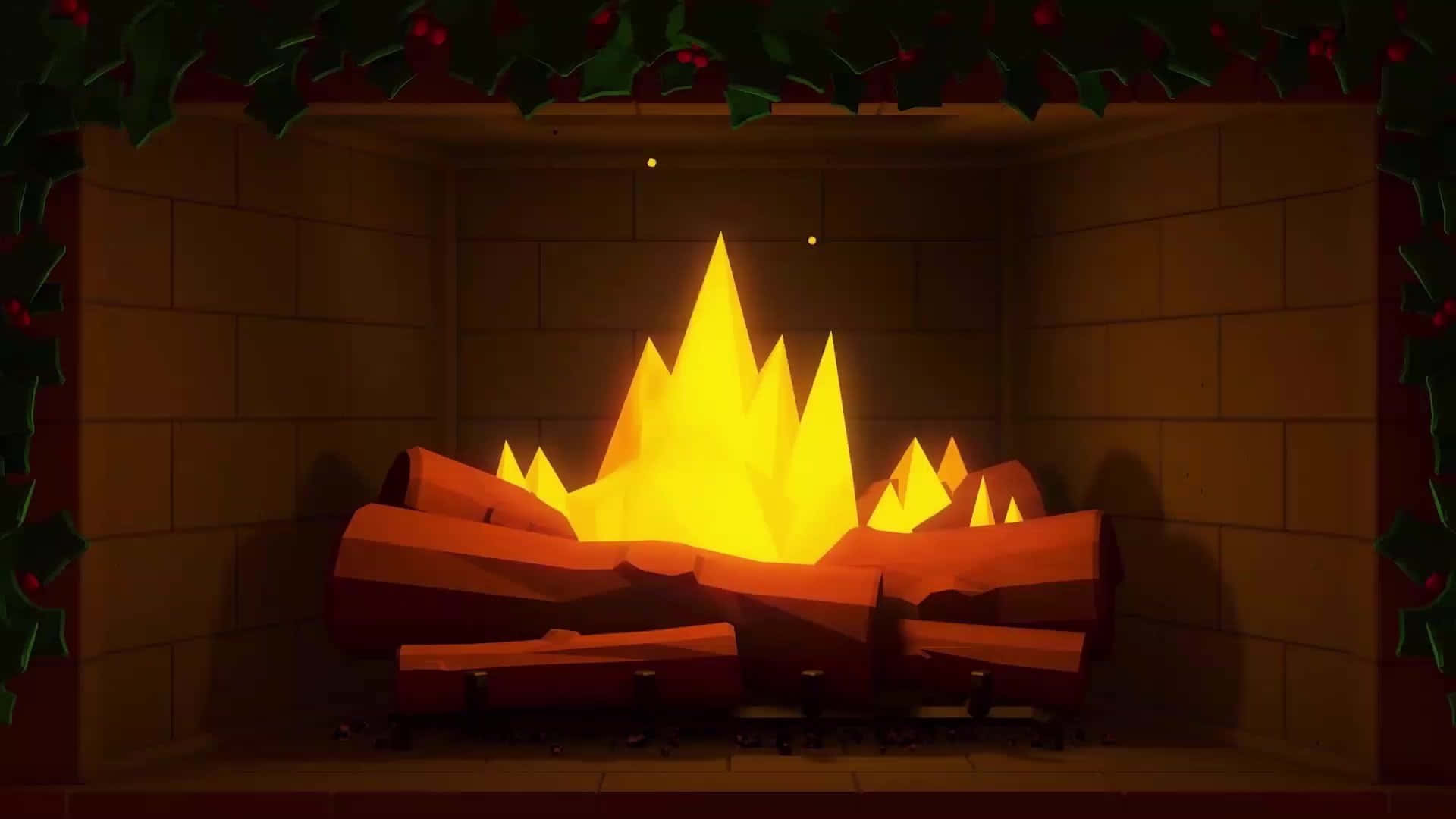 Cozy Fire 桌布 壁紙 — 一個風格化的數碼壁爐，帶有發光的橙色火焰和上方的冬青花環，將溫暖的光線投射在磚牆上。