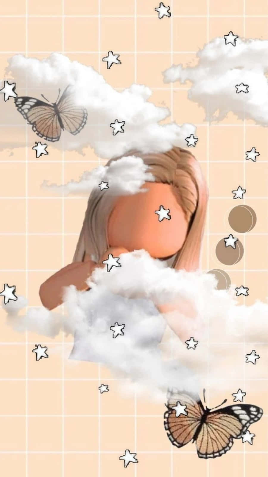 Aesthetic Roblox 桌布 壁紙 — 一個風格化的數碼女孩，金髮，坐在 fluffy 雲朵上，周圍有蝴蝶和星星，背景是桃色網格。