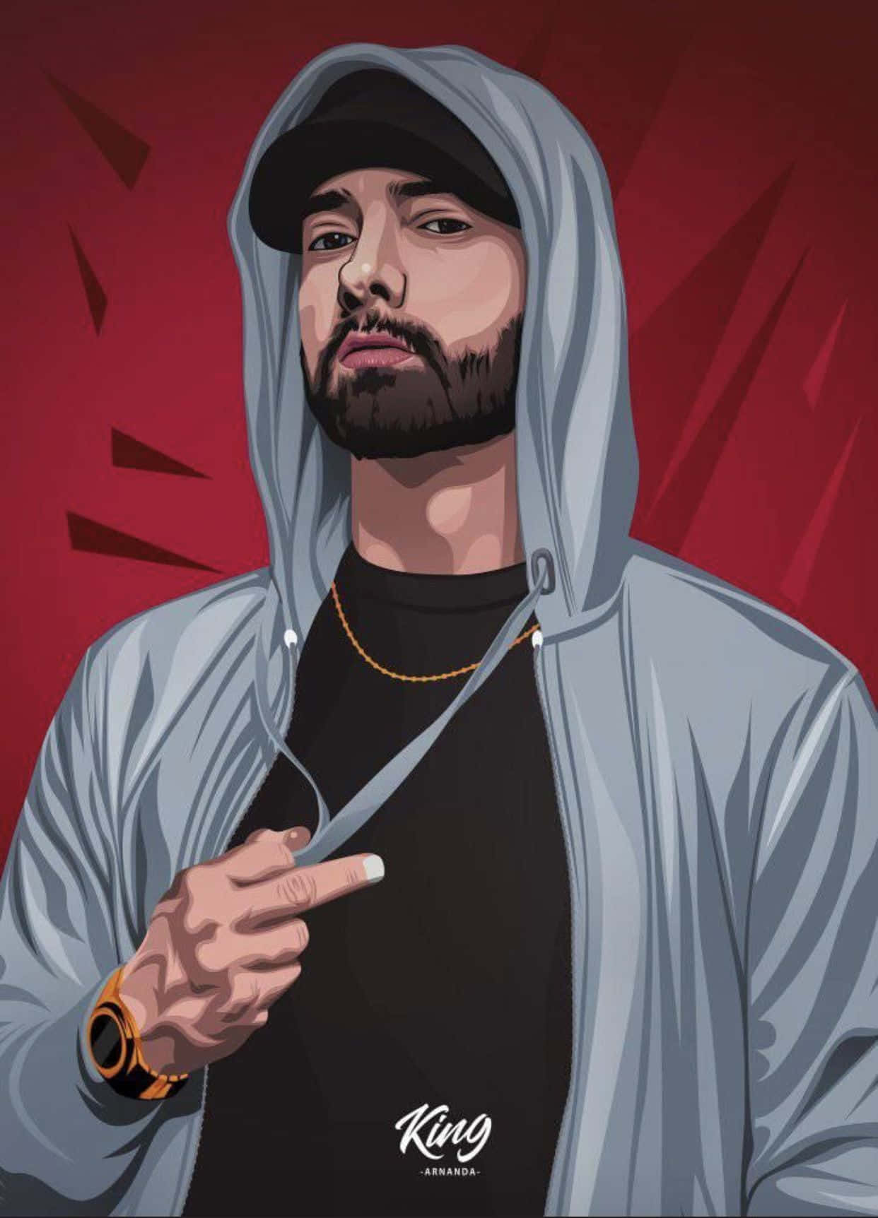Eminem 桌布 壁紙 — 一個風格化的數碼肖像，一個鬍鬚男人穿著灰色連帽衫和黑色帽子，在鮮紅色背景前向前指。