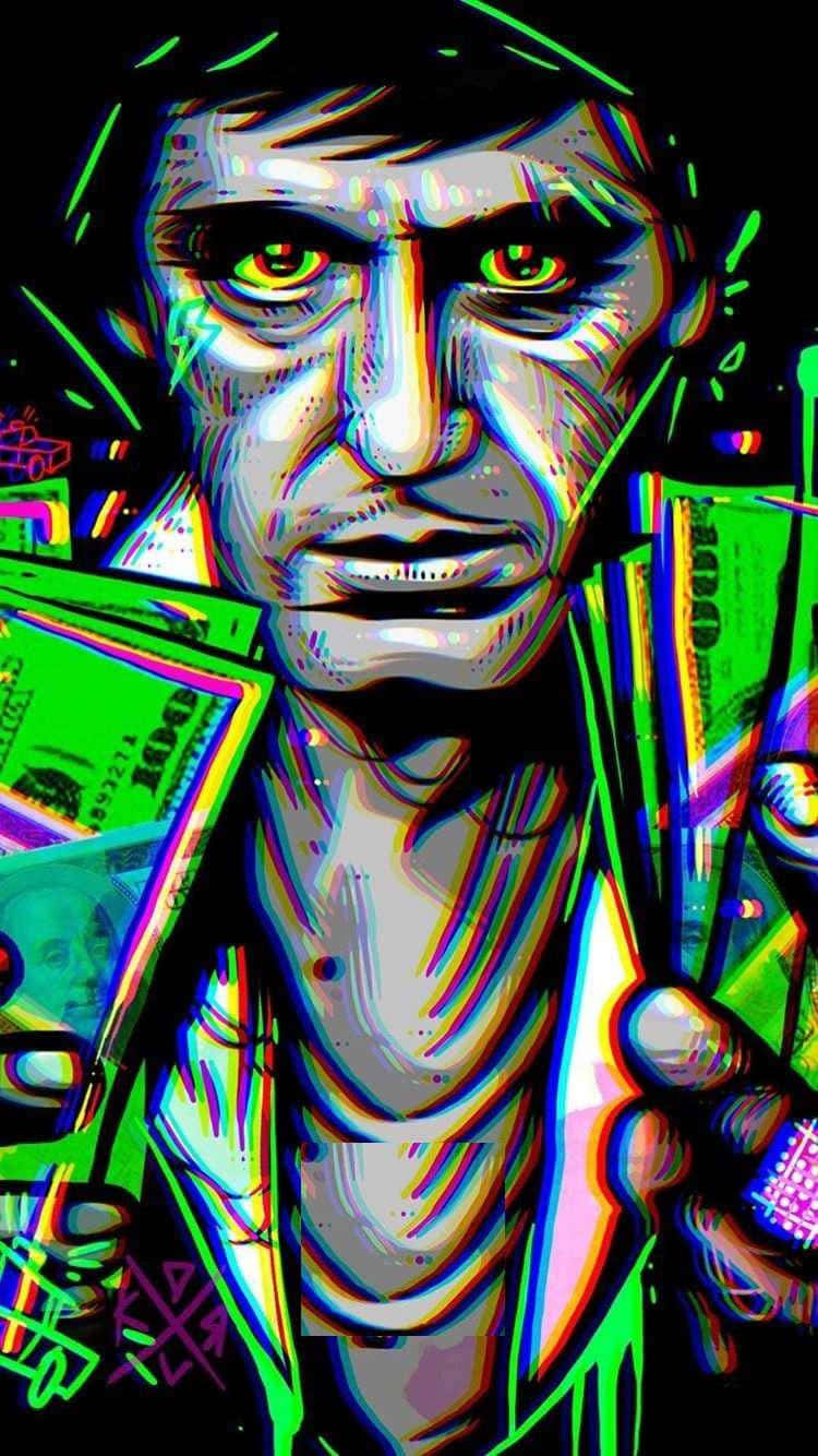 疤面煞星 桌布 壁紙 — 一個風格化的數碼肖像，一名擁有發光綠色眼睛的男子在黑暗背景中手持一疊疊鈔票，背景帶有霓虹條紋。