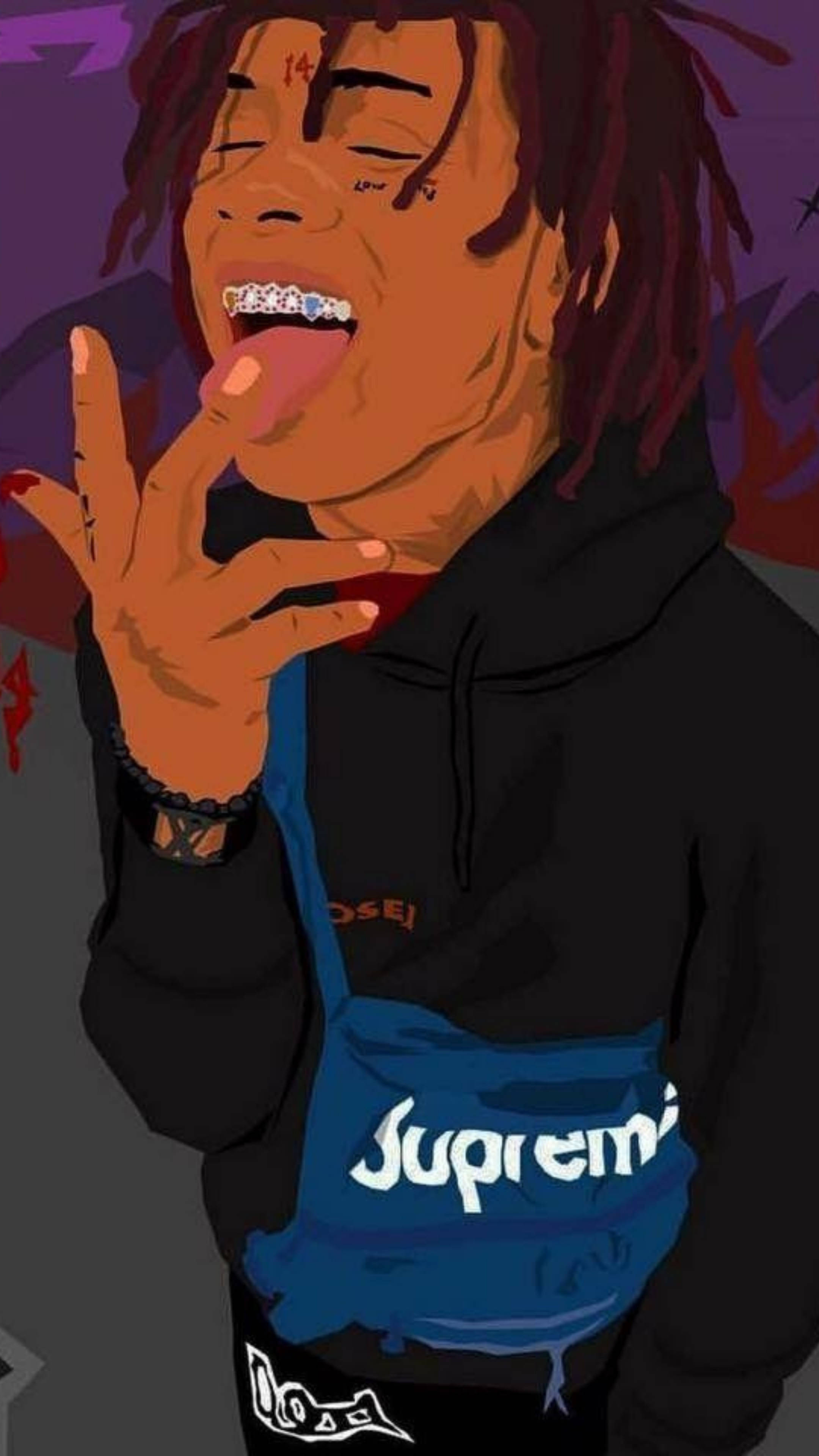 Trippie Redd Supreme 壁紙 — 一個風格化的數碼肖像，人物有辮子頭和一個Supreme袋，正在做手勢。