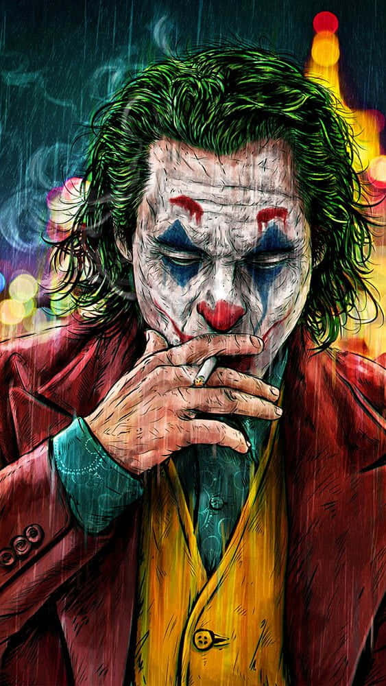 Joker Art 桌布 壁紙 — 一個風格化的數碼肖像，小丑在雨中抽煙，背景有霓虹燈。