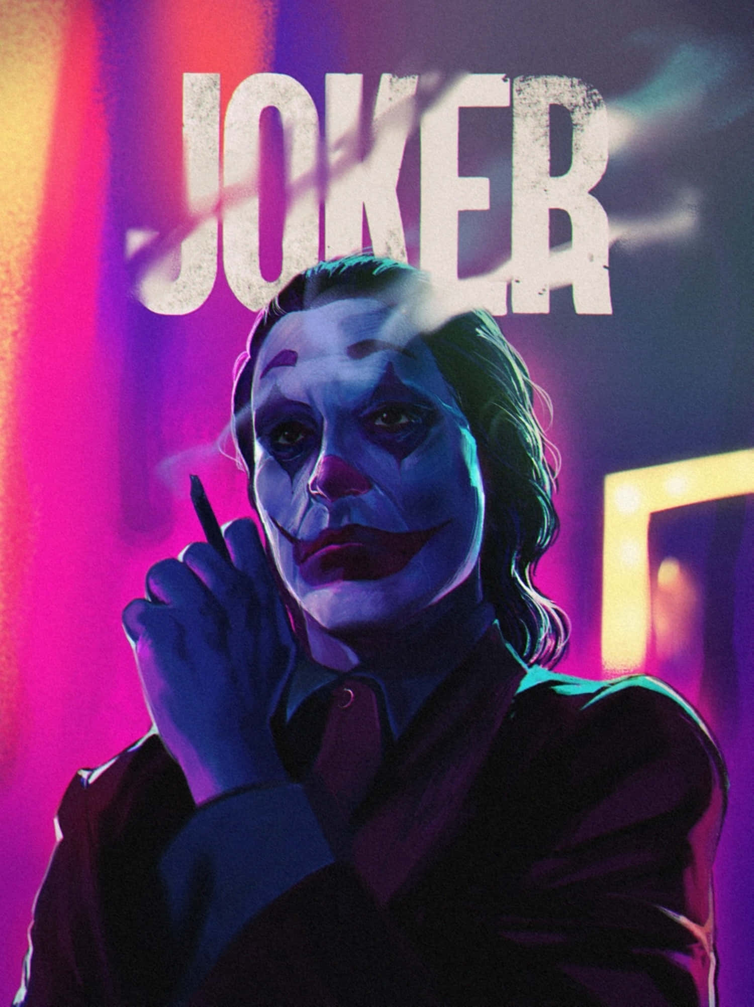 Arthur Fleck 桌布 壁紙 — 一個風格化的數碼肖像，小丑在鮮豔的紫色和黃色霓虹燈背景下吸煙，上方有 JOKER 字樣。