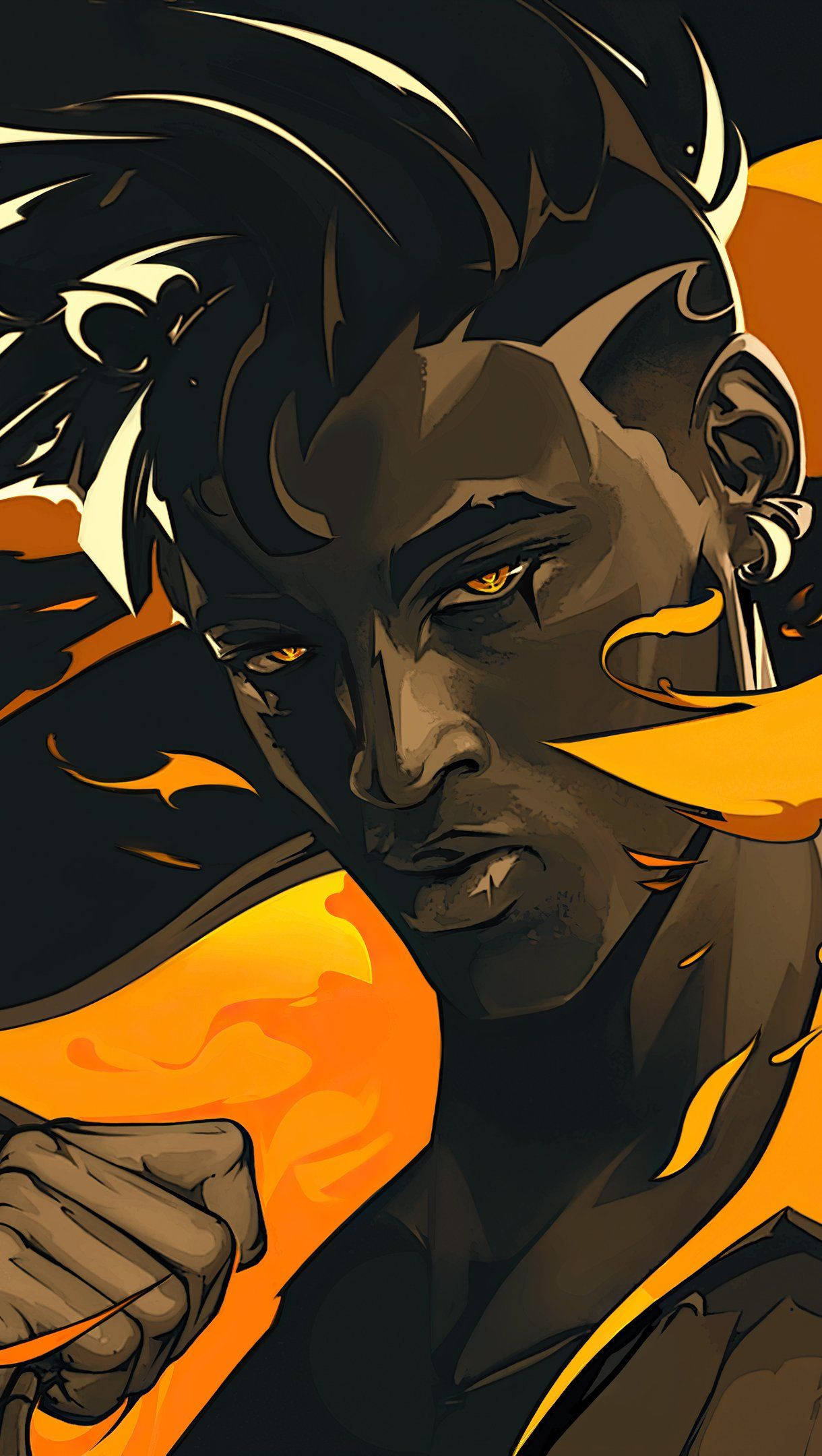 Digital 桌布 壁紙 — 一個風格化的數碼肖像，描繪一位兇猛的深色皮膚戰士，擁有發光的橙色眼睛和熾熱的橙色能量在他們周圍旋轉。